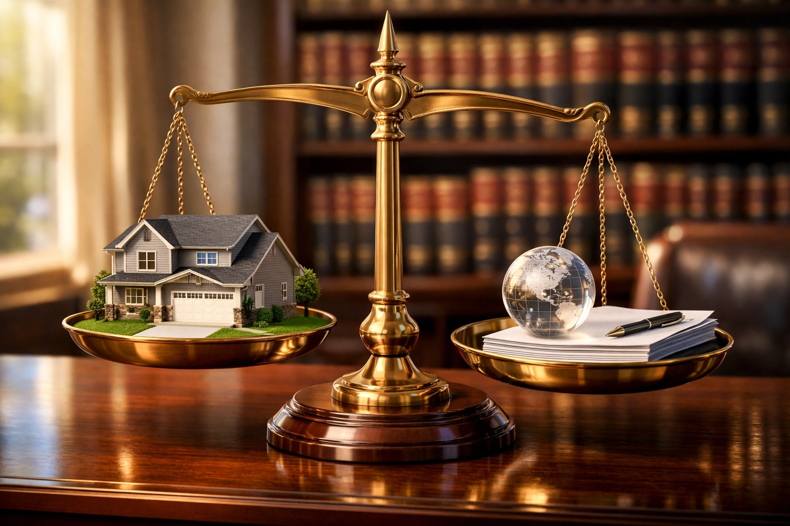 Balance scale weighing Indiana real estate and global assets in a family law Bloomington Indiana case.