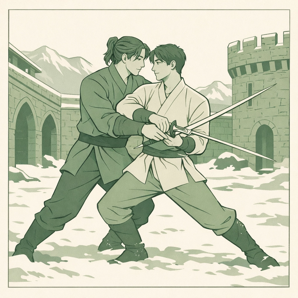 Witchers training with swords at Kaer Morhen - MM fantasy romance scene