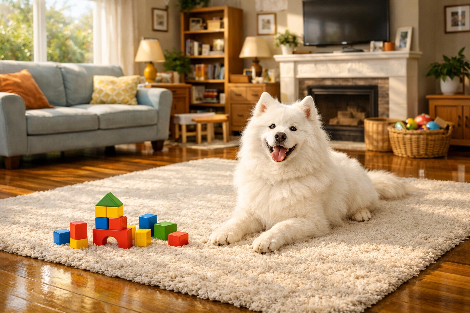 A clean family living room with freshly vacuumed rugs and polished hardwood floors.