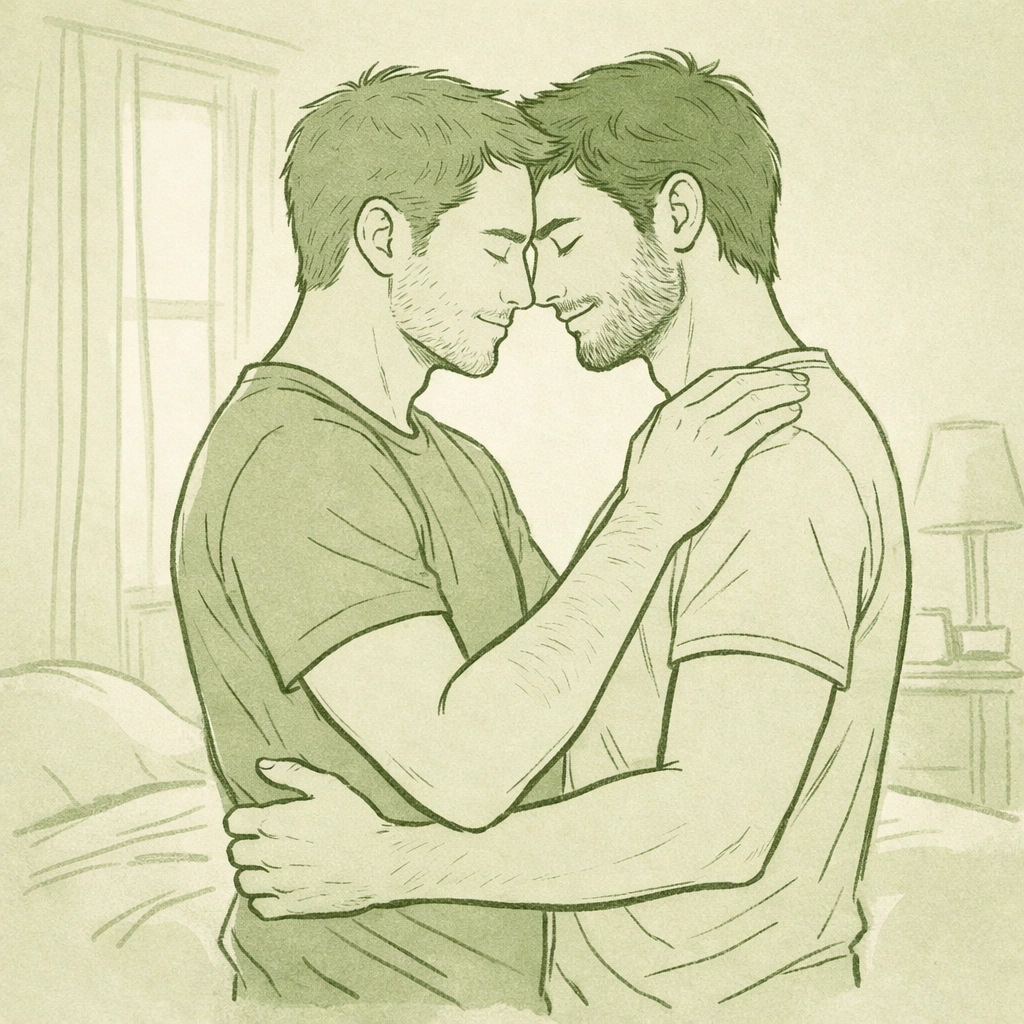 Gay partners in tender embrace showing results of DIY sex therapy communication