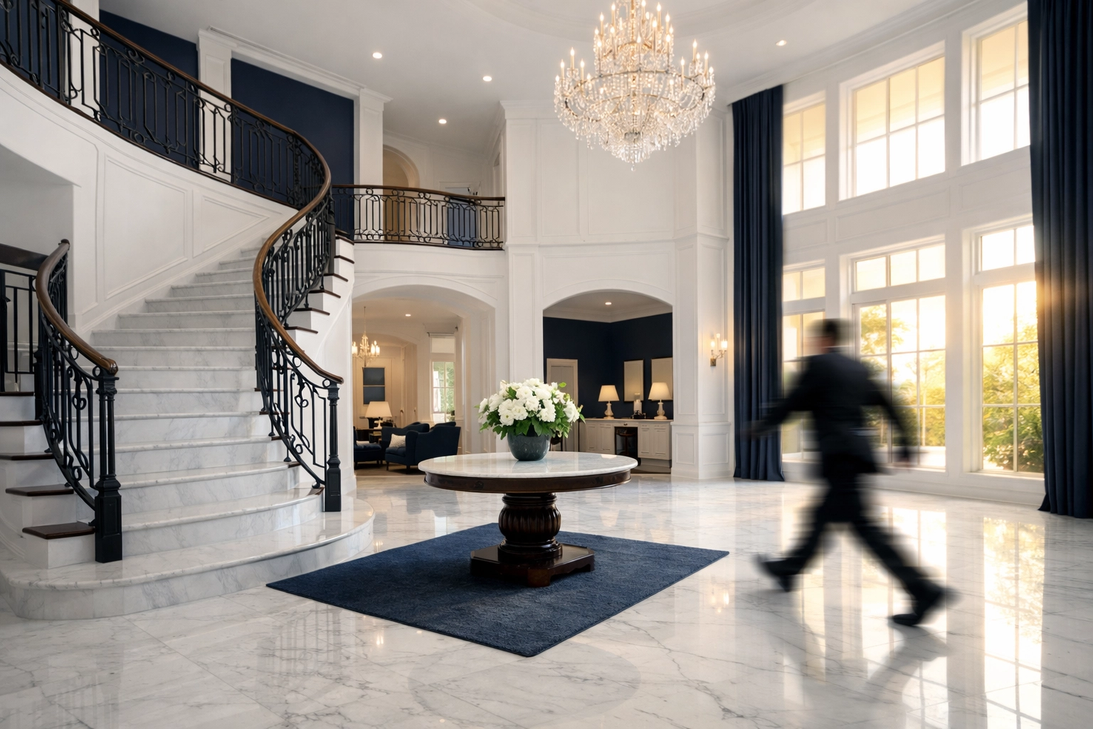 Grand Dover estate foyer with white marble floors cleaned by a residential cleaning Massachusetts service.