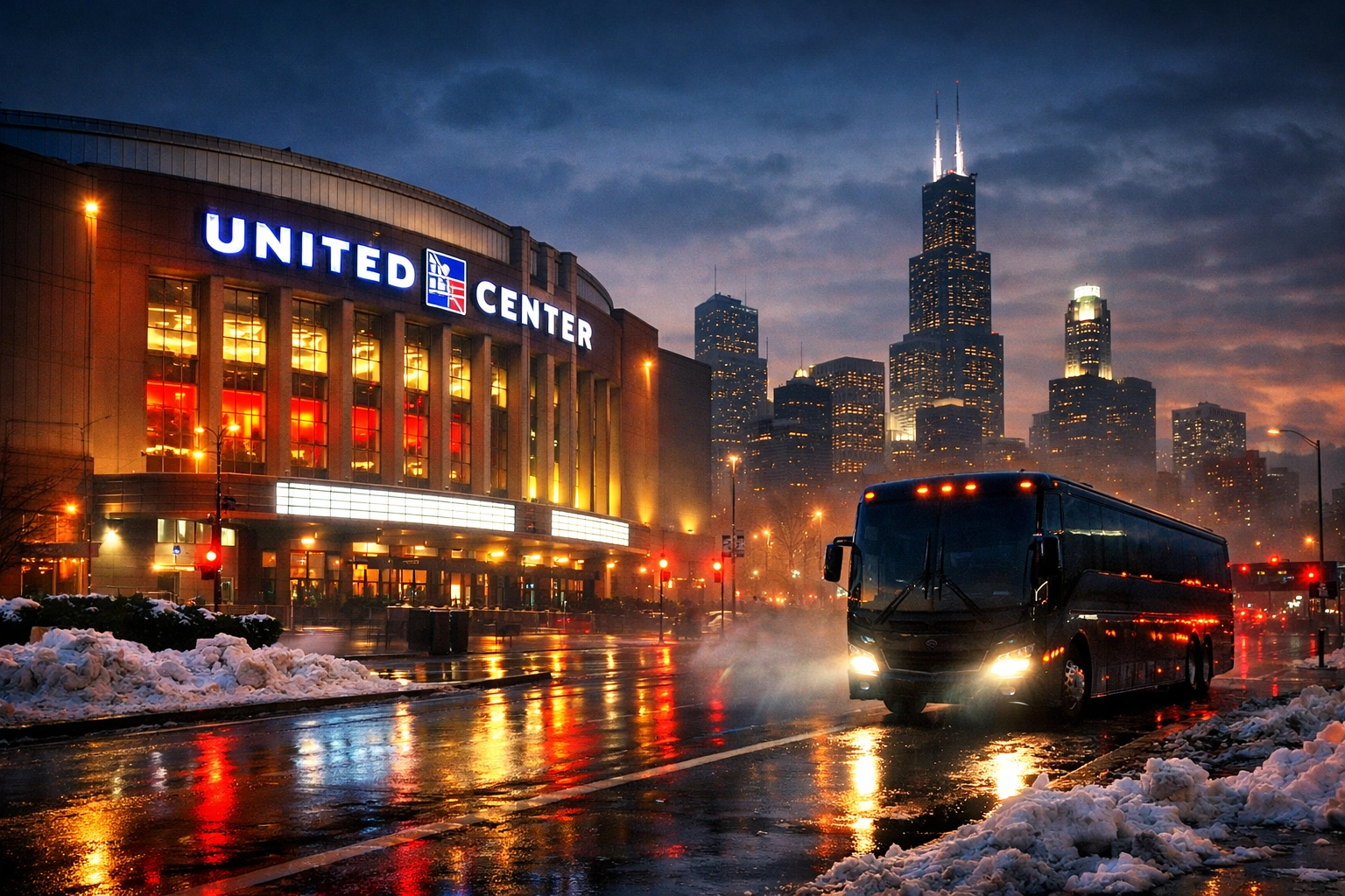 The United Center in Chicago at dusk hosting the Blackhawks home underdog matchup against the Avalanche.