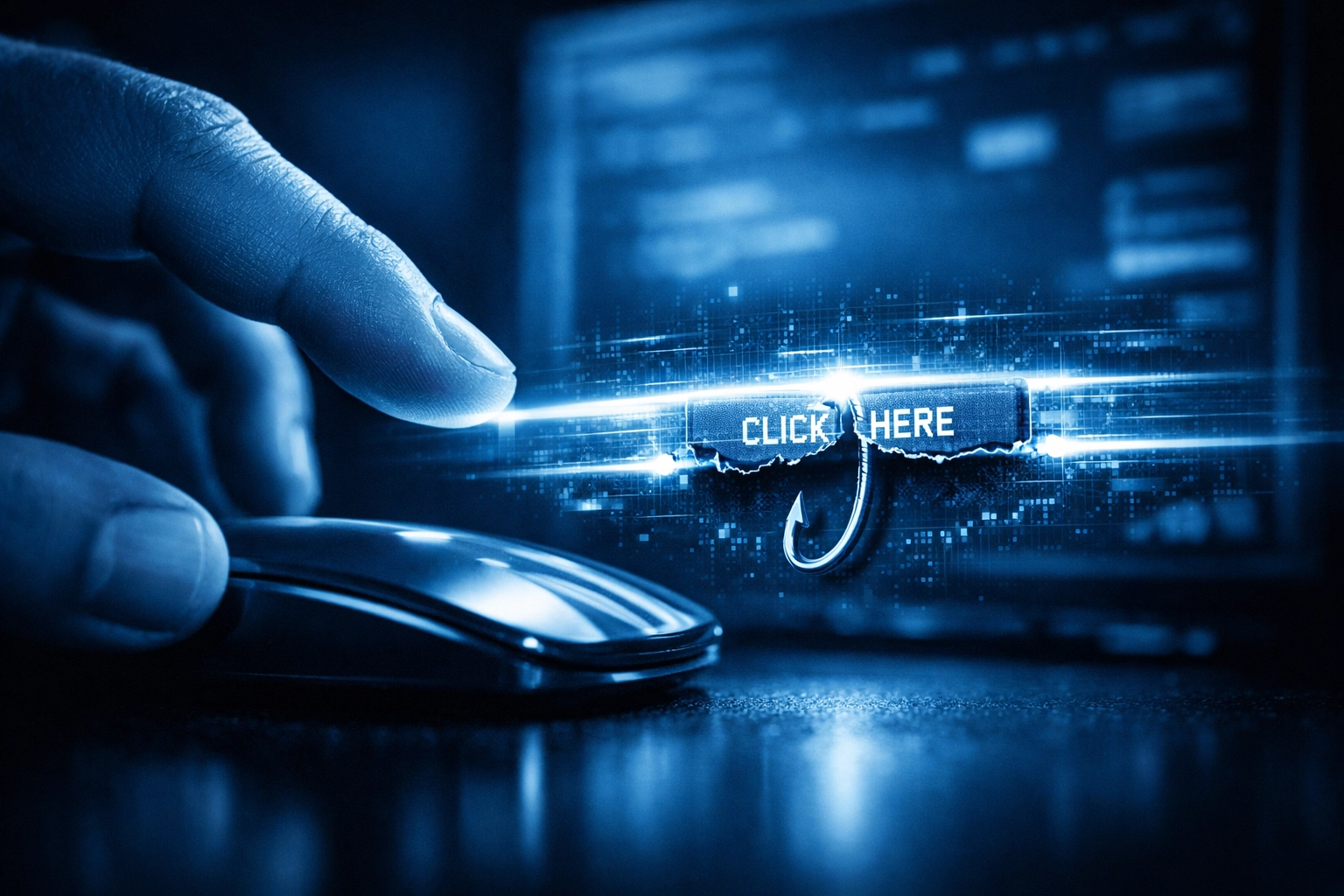 Close up of a hand clicking a link with a digital overlay showing a hidden fishing hook, warning against malicious emails.