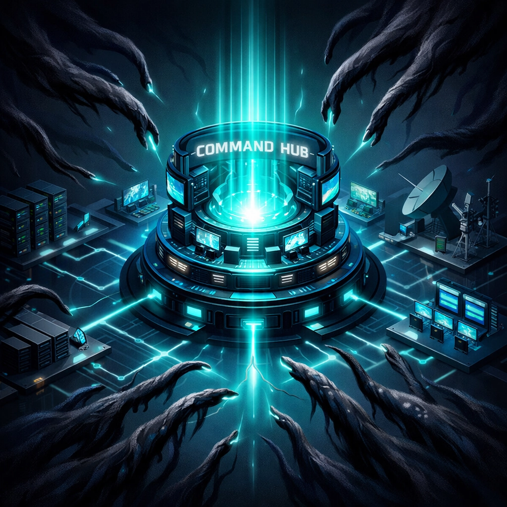 Shadowy digital threats attacking a network command hub to illustrate high-stakes infrastructure hacking.