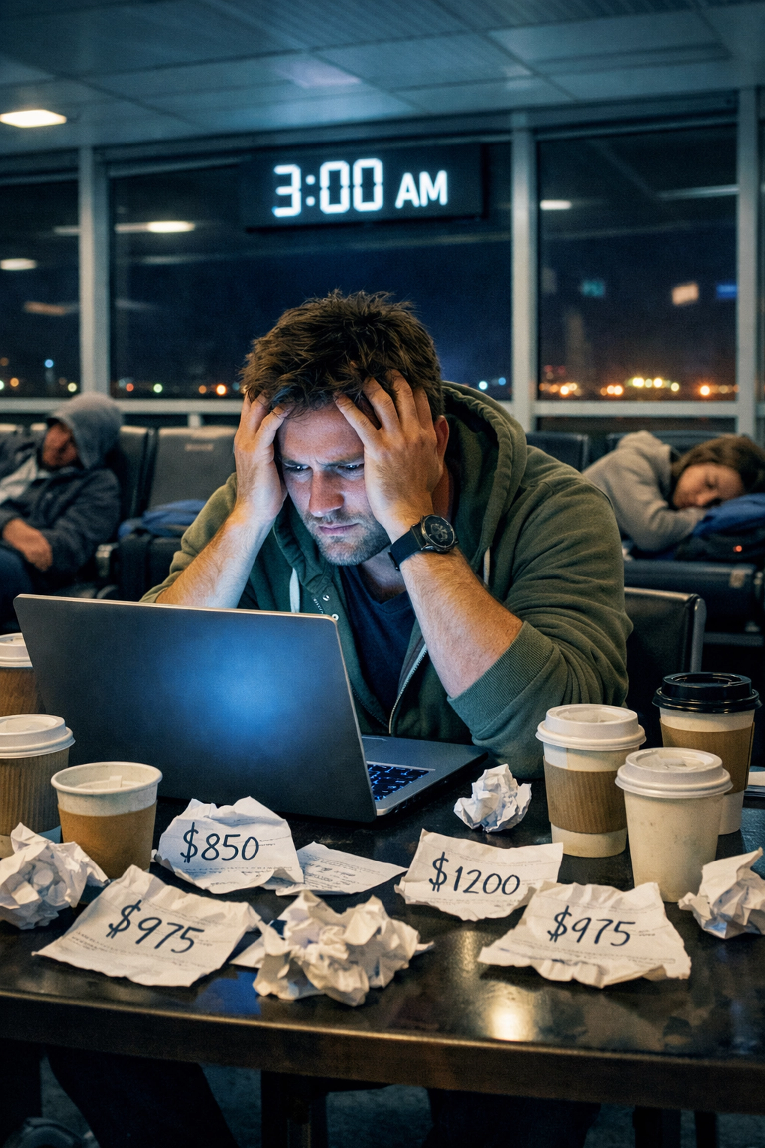 Exhausted traveler booking flights at 3 AM airport terminal debunking travel booking time myths