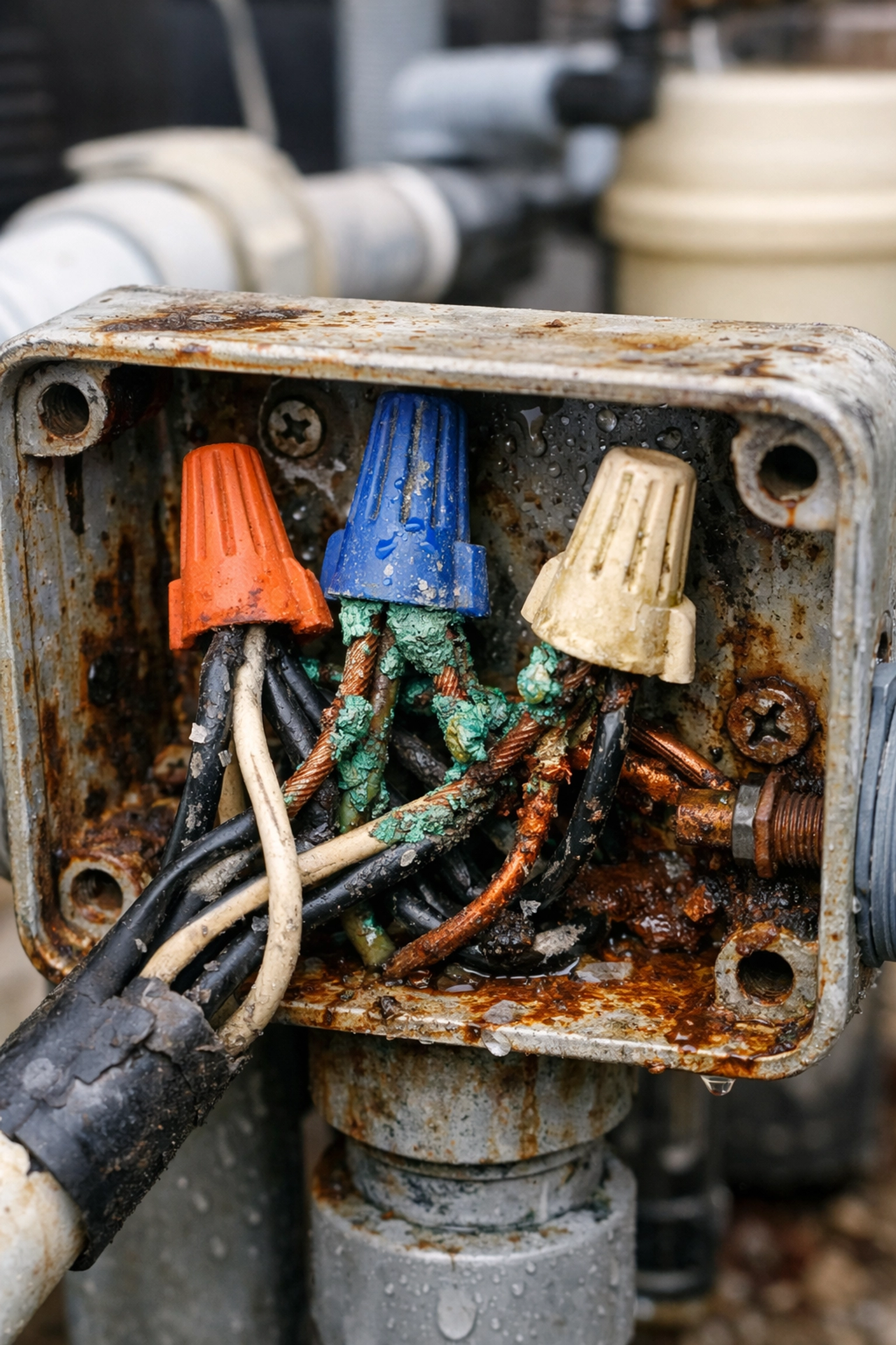 Corroded electrical connections on pool equipment showing maintenance neglect