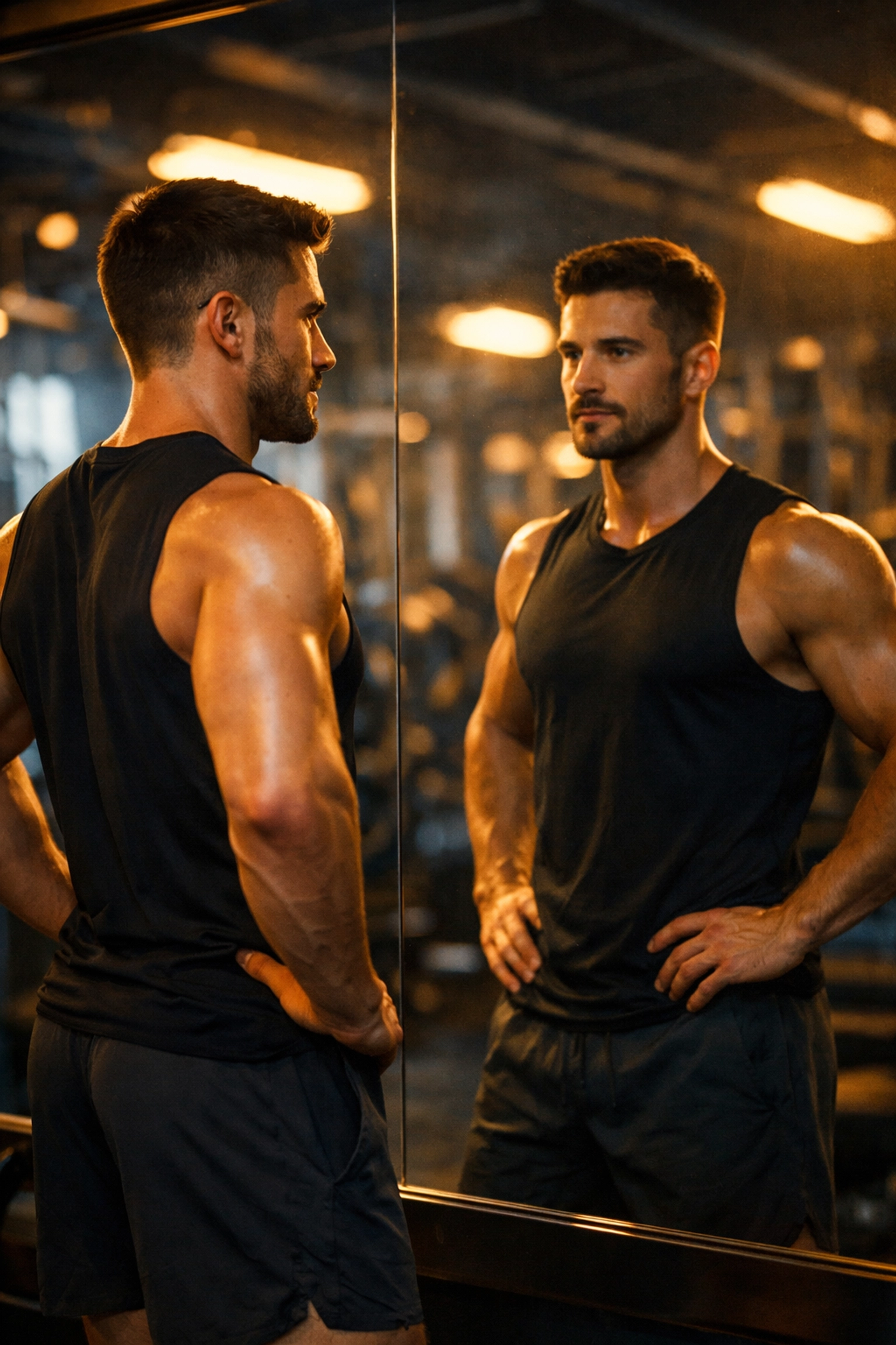 Gay man working out and checking his reflection in gym mirror, building confidence and self-love