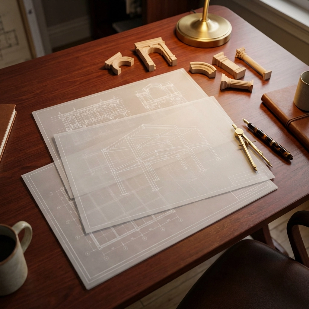 Architect's desk with layered blueprints and tools, representing the multi-layered planning required for building a modern investment portfolio