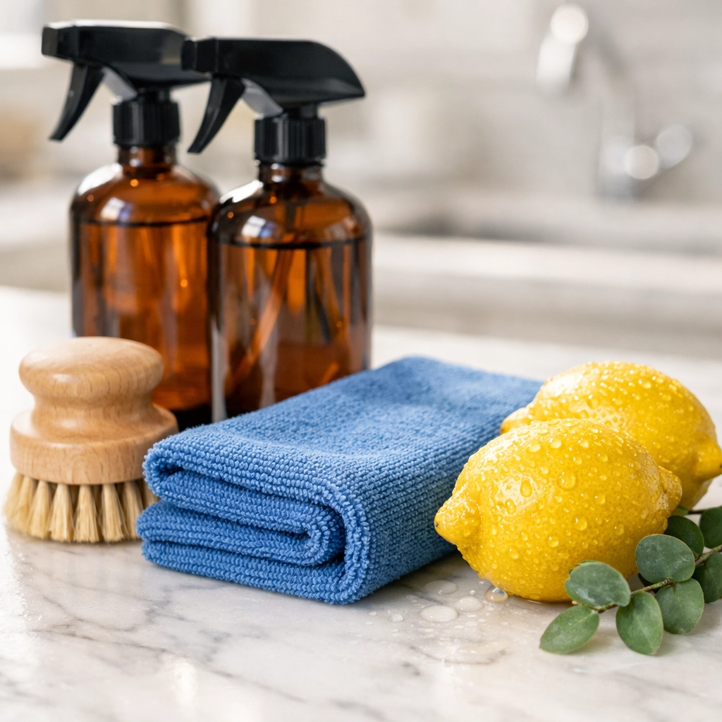 Eco-friendly cleaning supplies on a kitchen counter for sustainable Ninja-Level Cleanliness in Tewksbury.