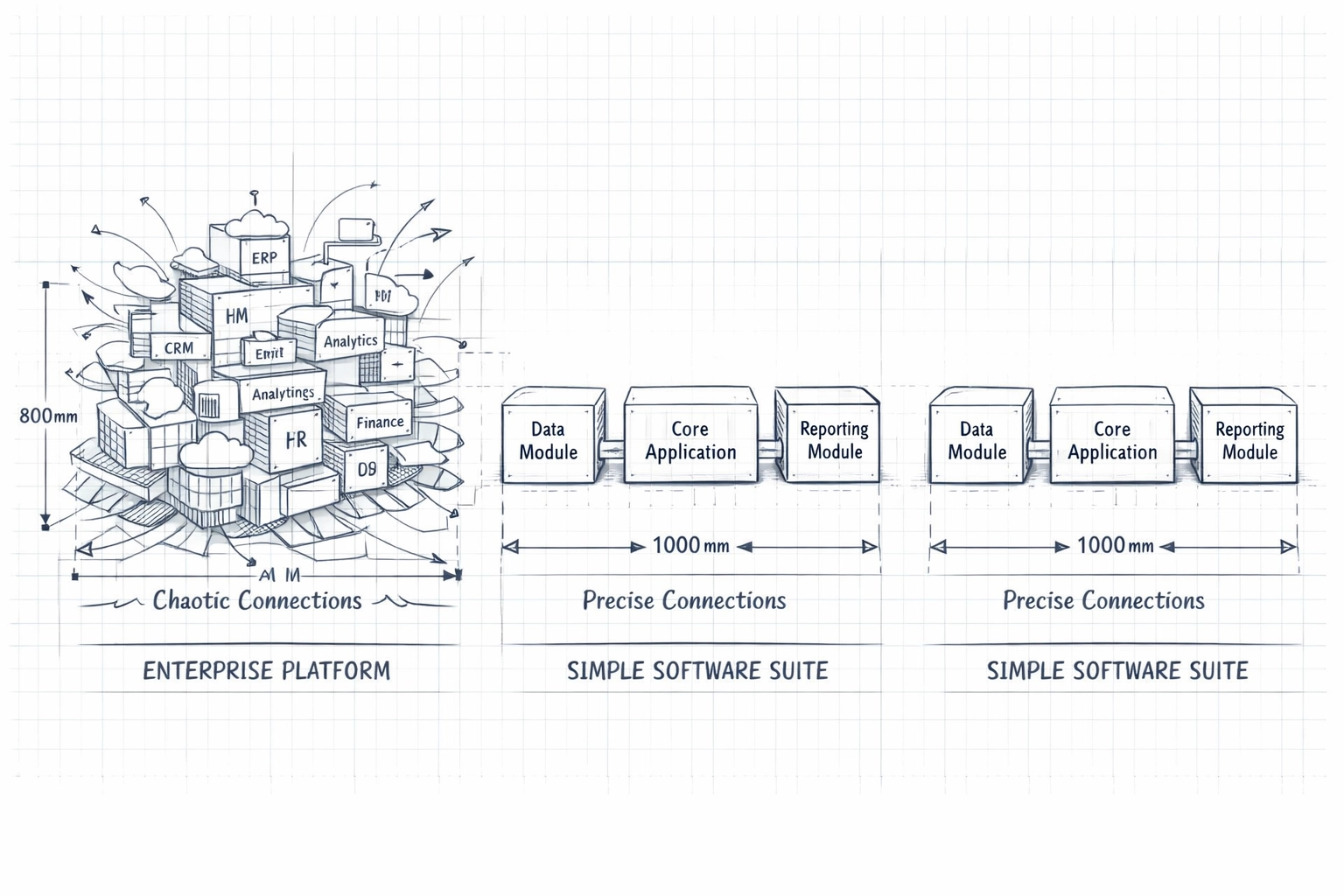 Enterprise sales automation platform vs streamlined three-partner stack diagram comparison