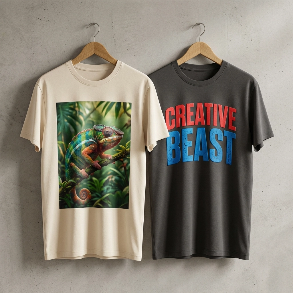 Two custom shirts on hangers, one with a smooth photorealistic DTF print and the other with a bold textured screen print design.