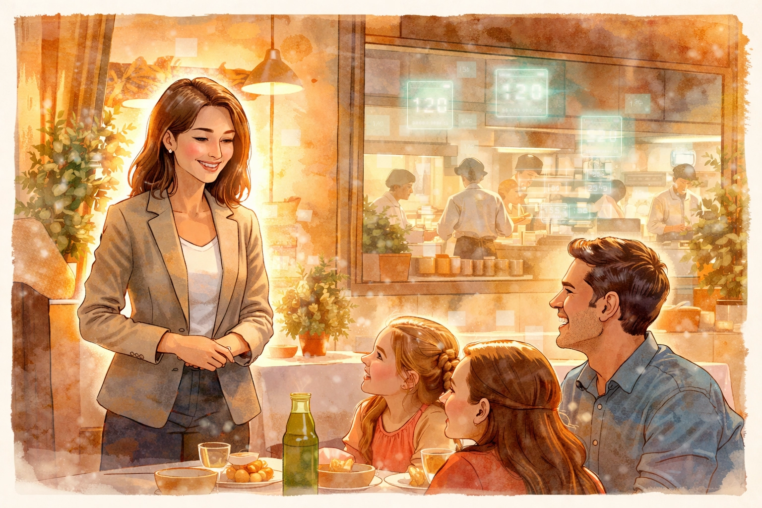 Restaurant manager connecting with guests in a dining room, with subtle AI data visualizations in the kitchen, showing AI enabling better hospitality.