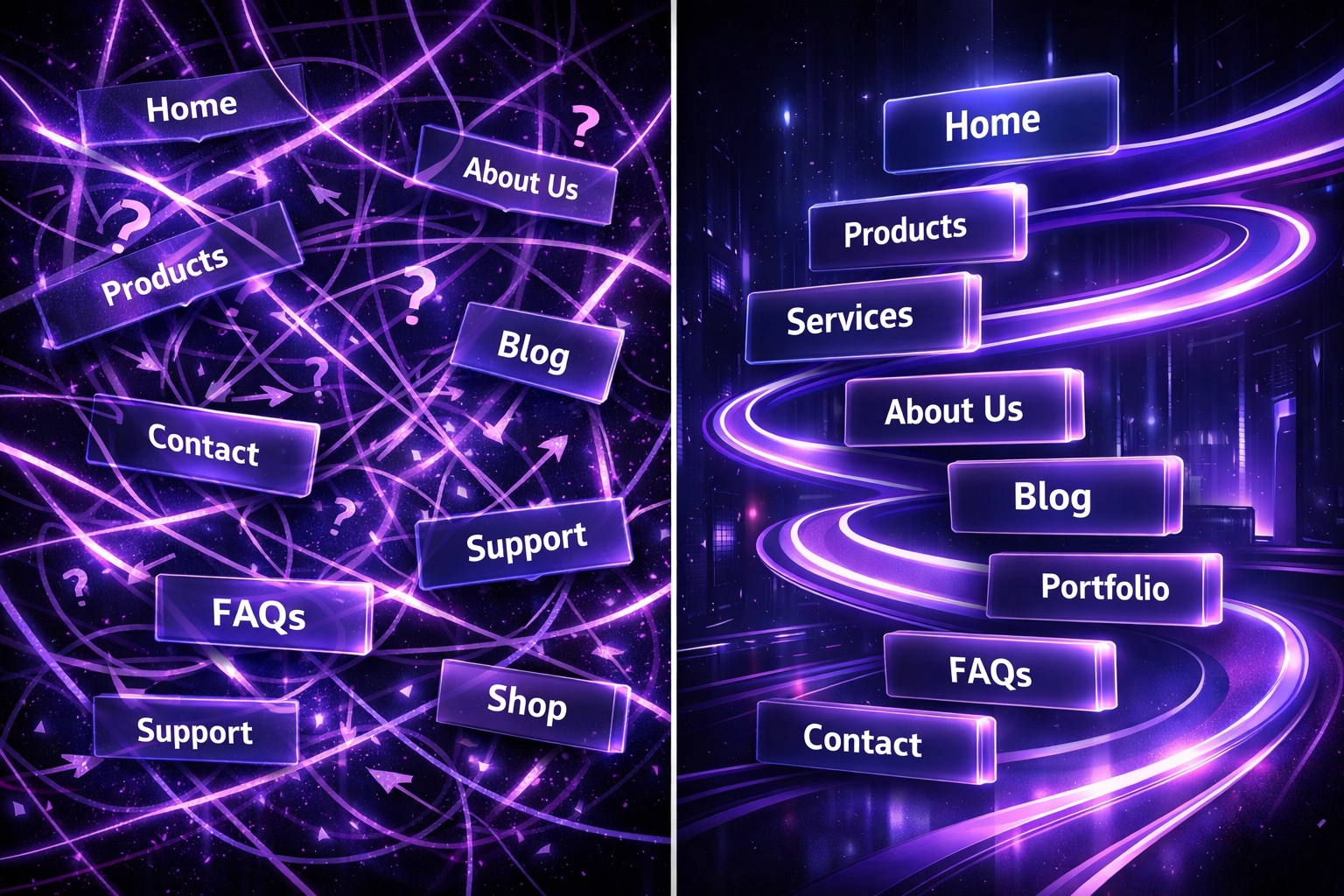 Cluttered website navigation versus clean organized menu structure for better user experience