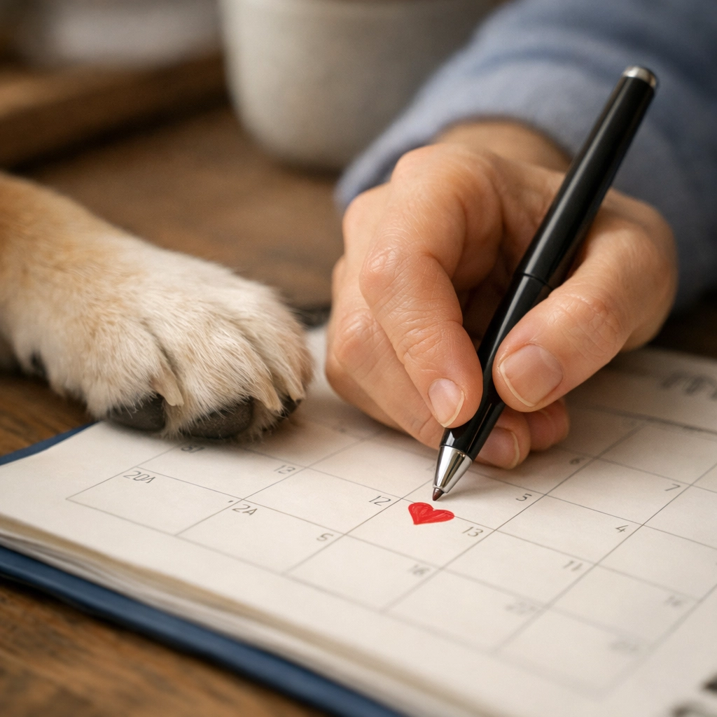 Tracking a dog’s quality of life by marking good days in a health journal next to a pet's paw.