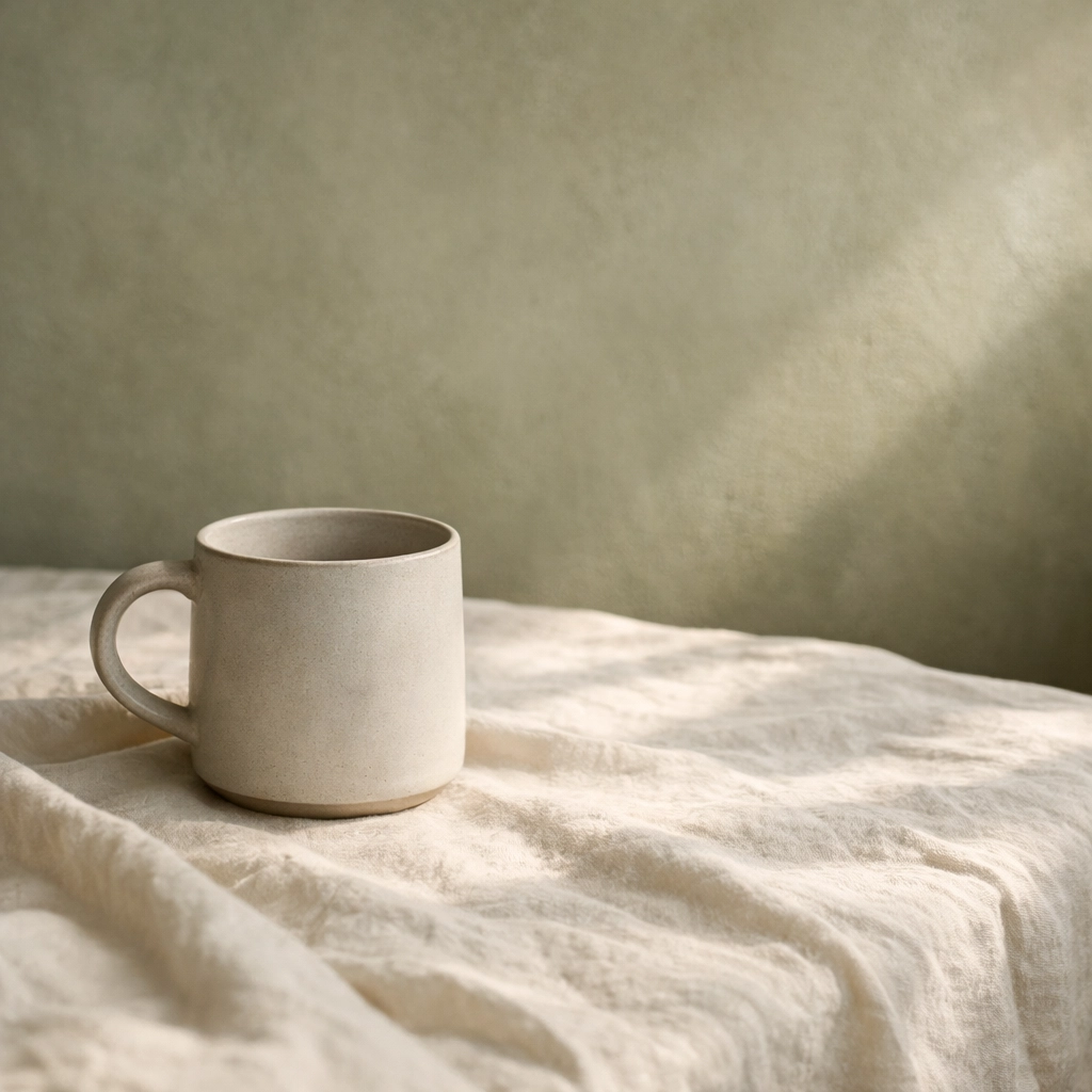 Minimalist ceramic mug on linen cloth, evoking a sense of calm for nervous system regulation.