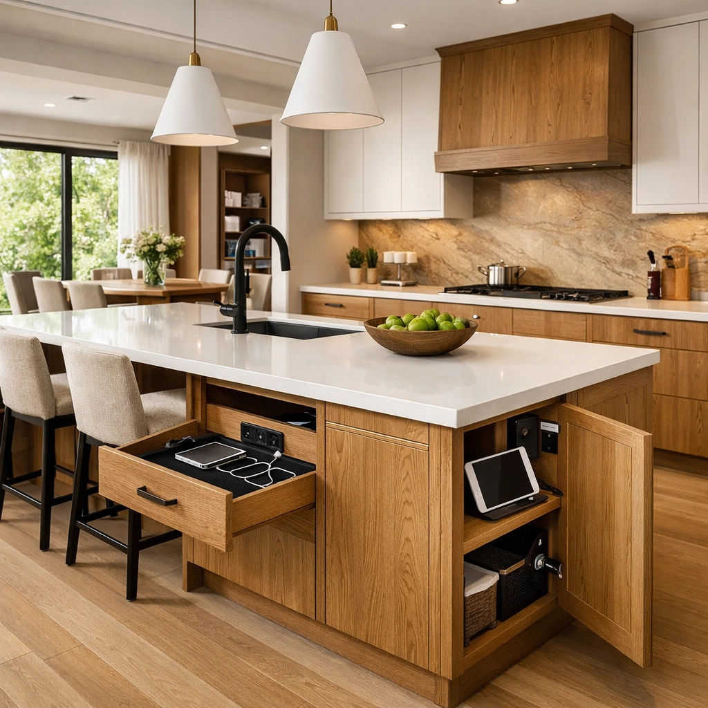 Modern kitchen remodeling Orlando with white oak cabinetry and multifunctional island