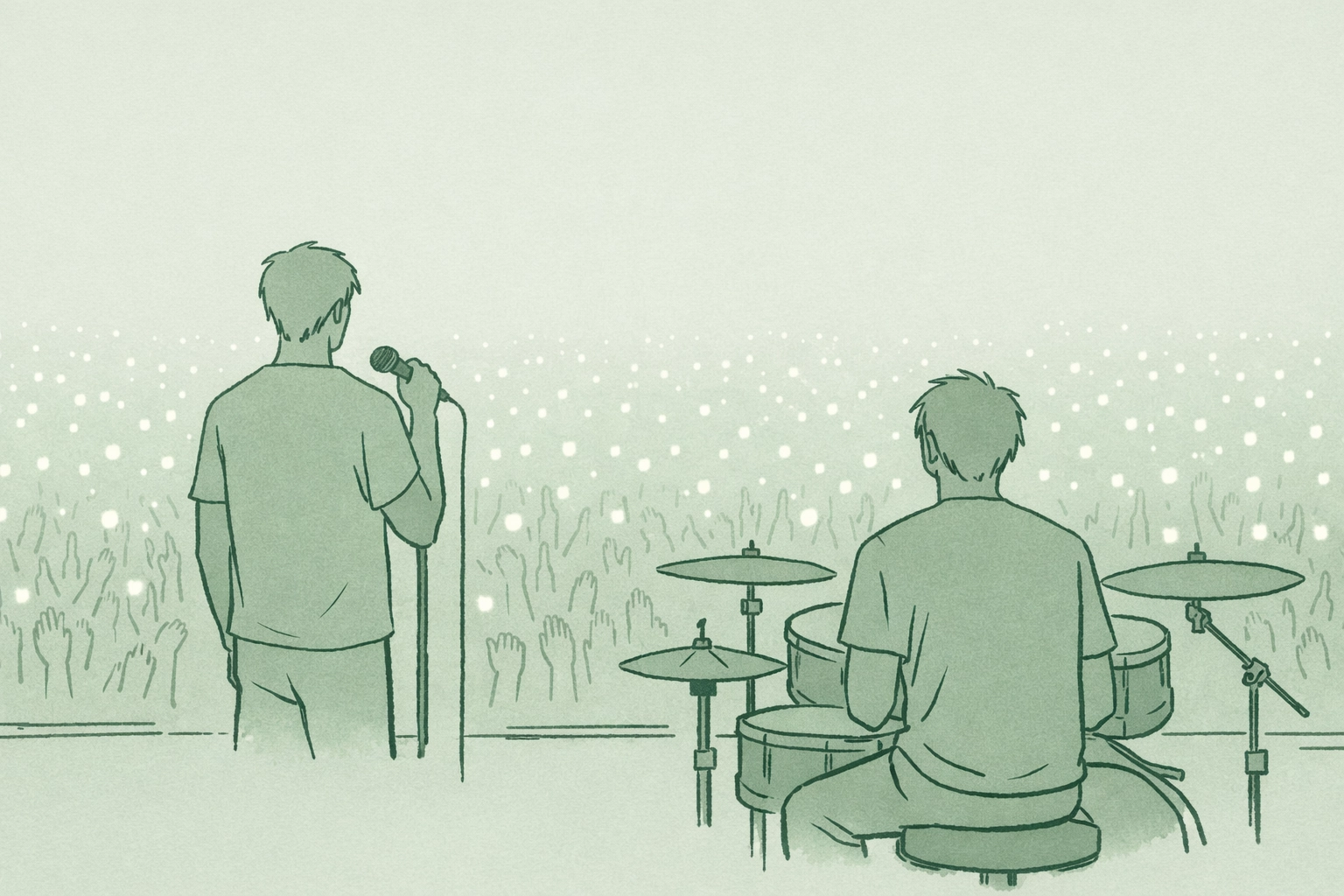 Rock star and drummer on stage facing massive crowd in gay coming out romance novel