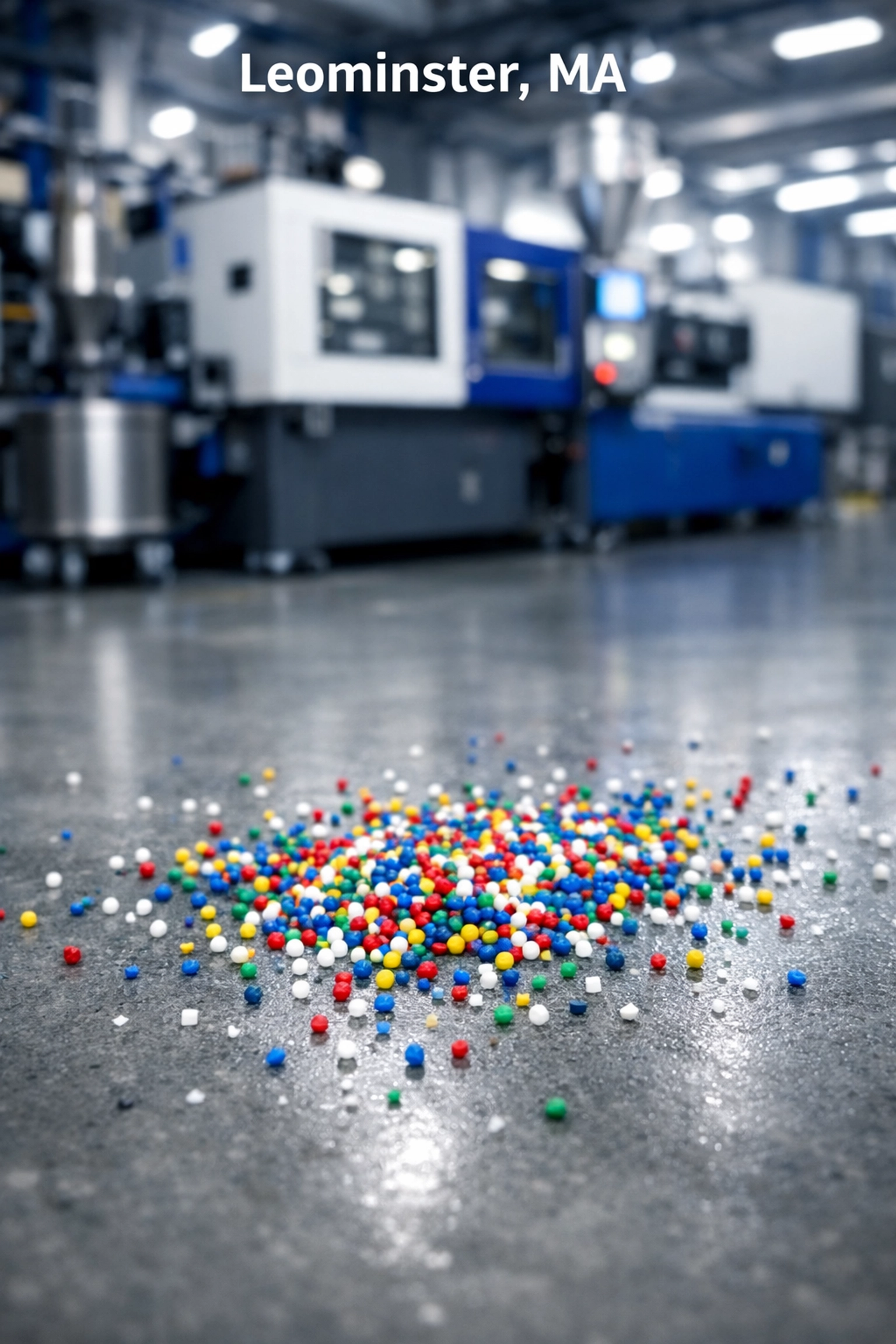 Clean Leominster manufacturing floor showing scattered plastic resin pellets near an injection molding machine.