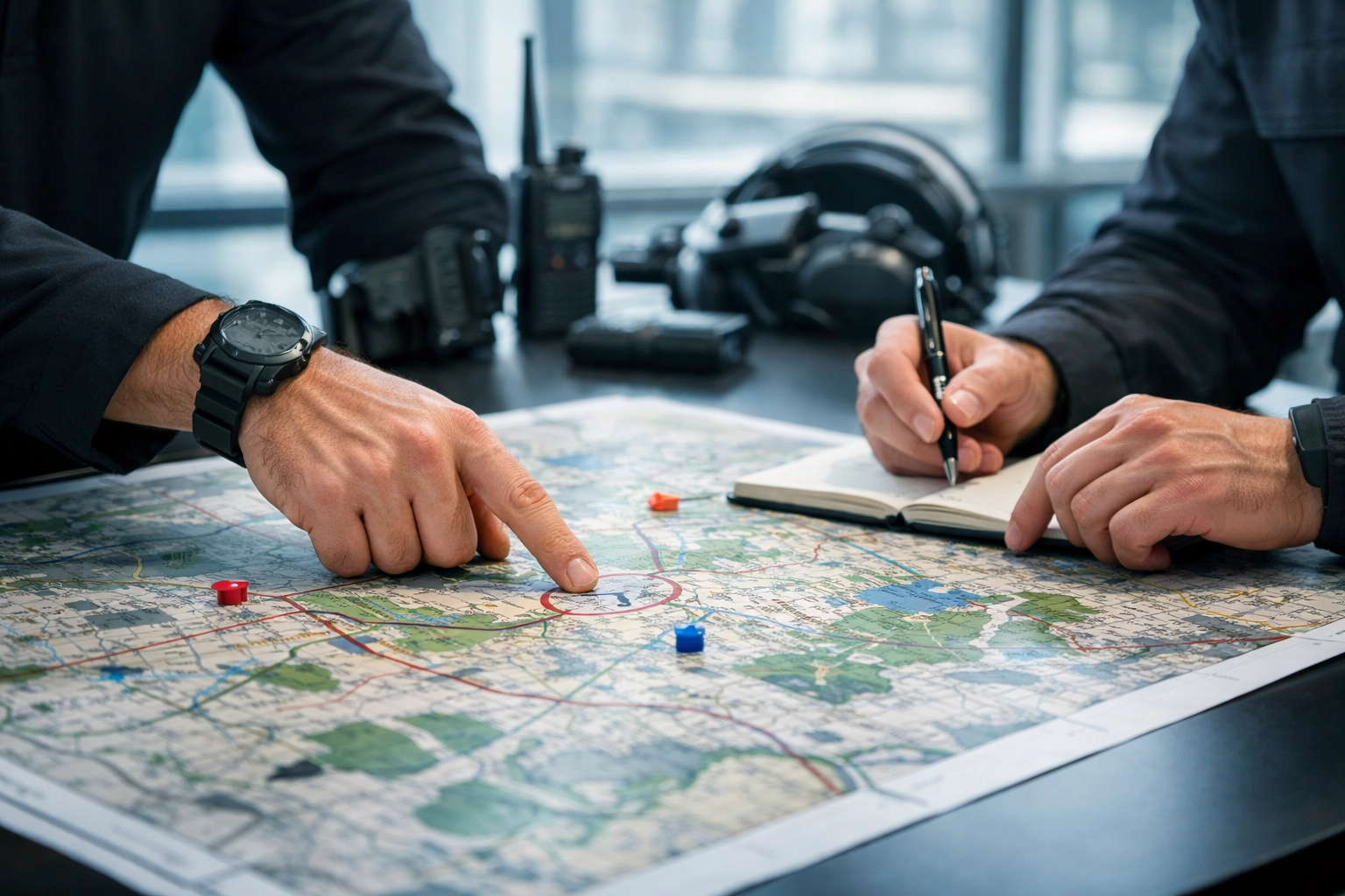 Professional bodyguards planning security assessment for Medellin client protection