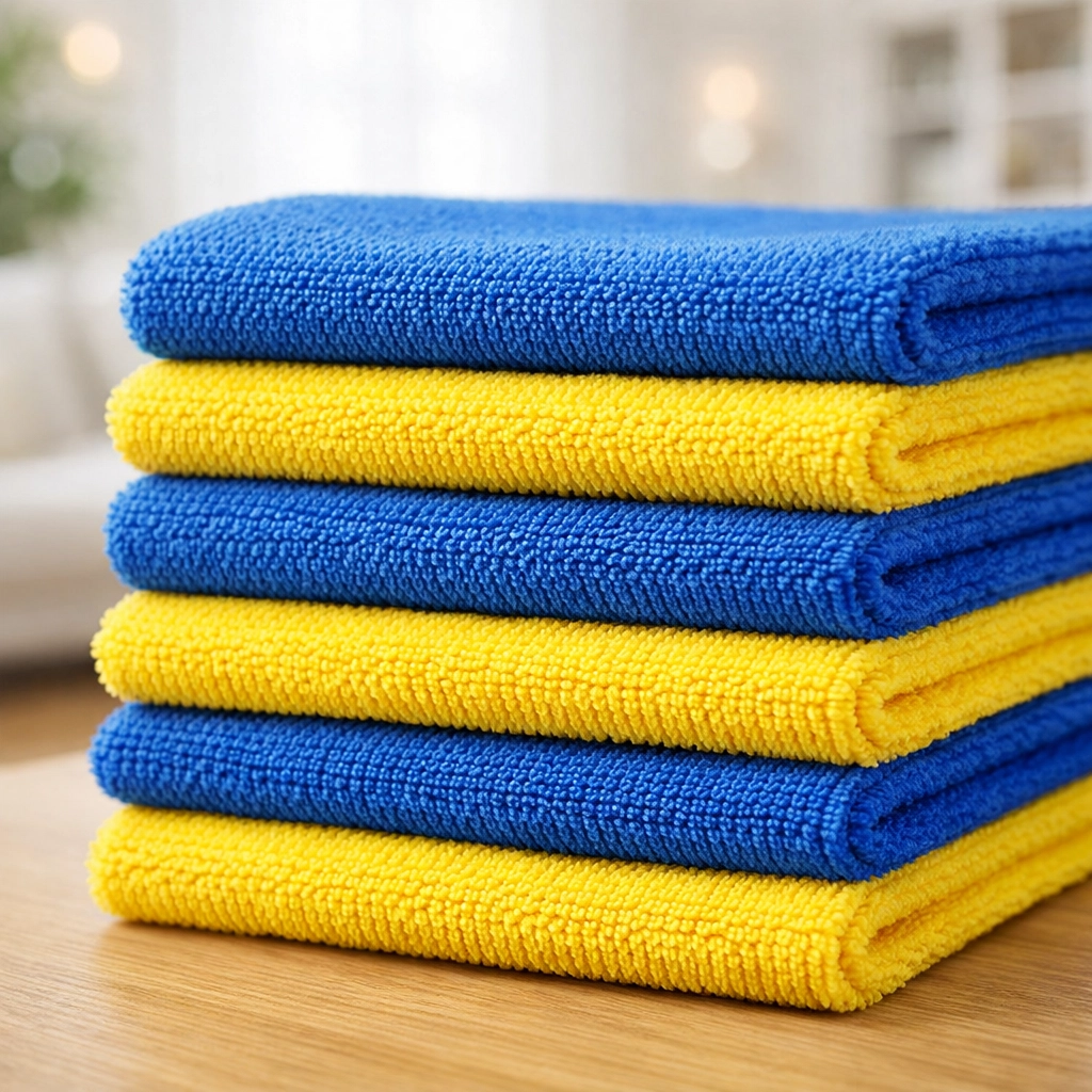 Professional blue and yellow microfiber cloths stacked for a detailed deep cleaning Worcester MA.