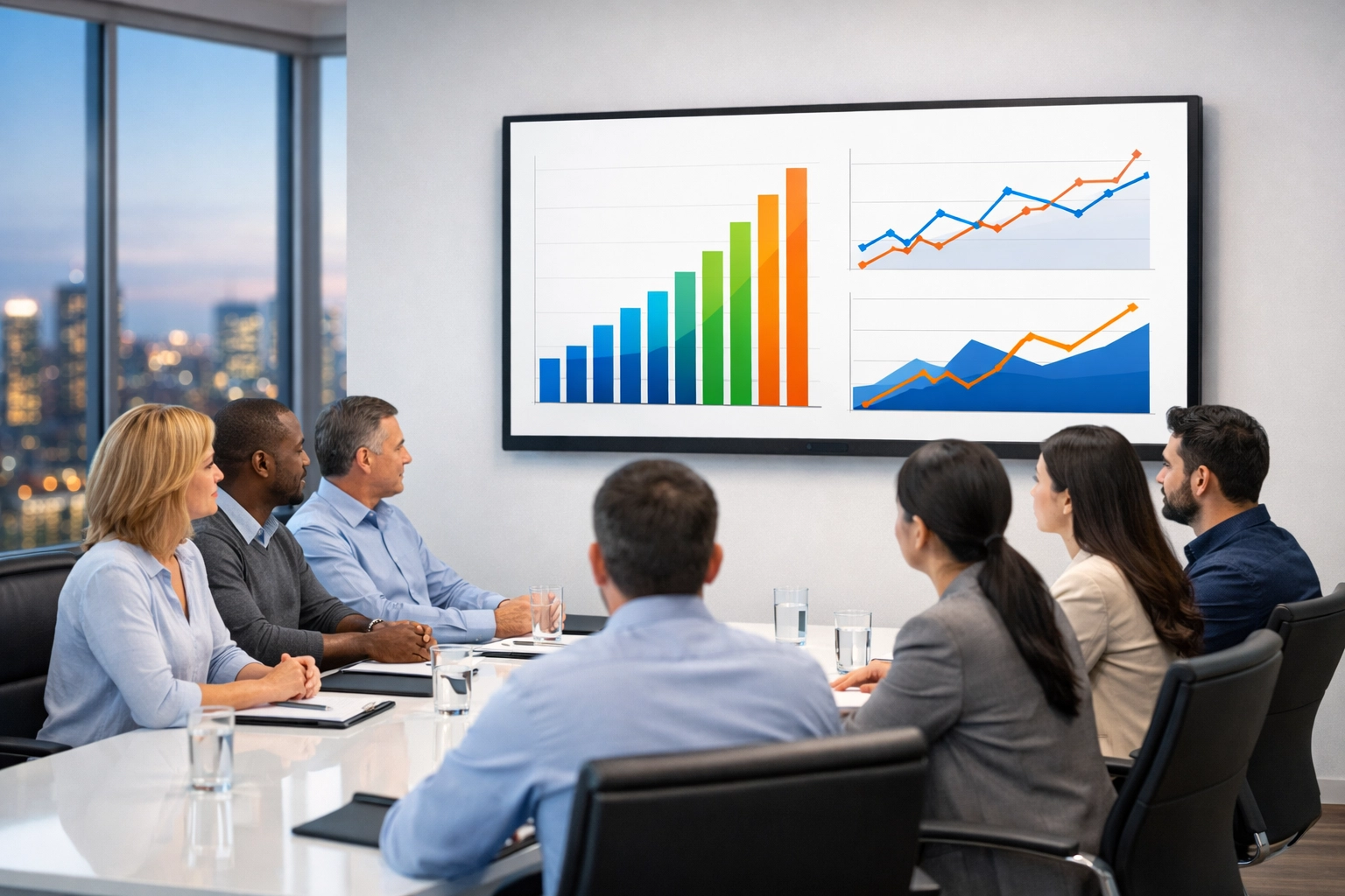 Business professionals analyzing event performance data and ROI metrics in a modern conference room.