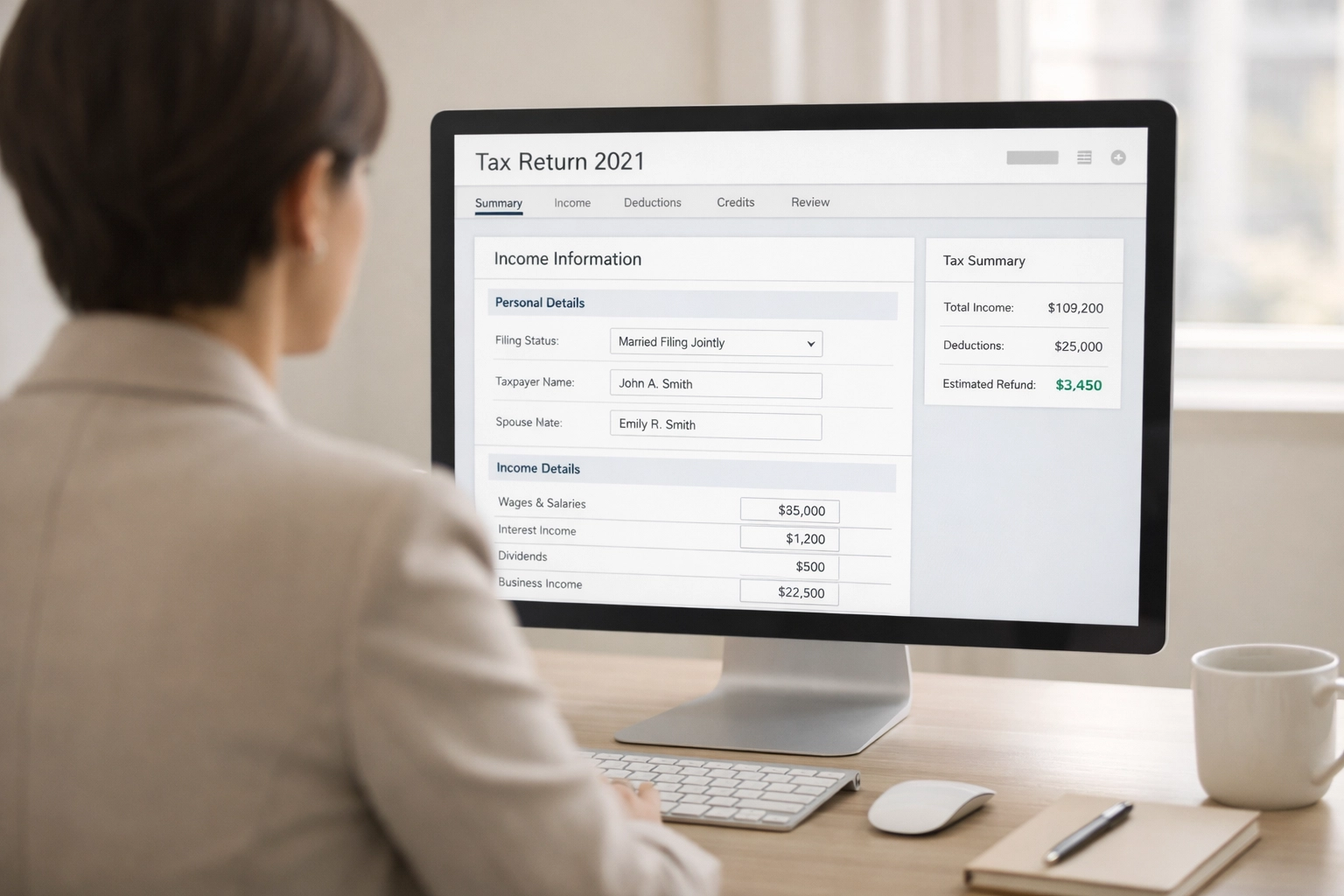 Tax preparation software interface on office computer for ERO return processing