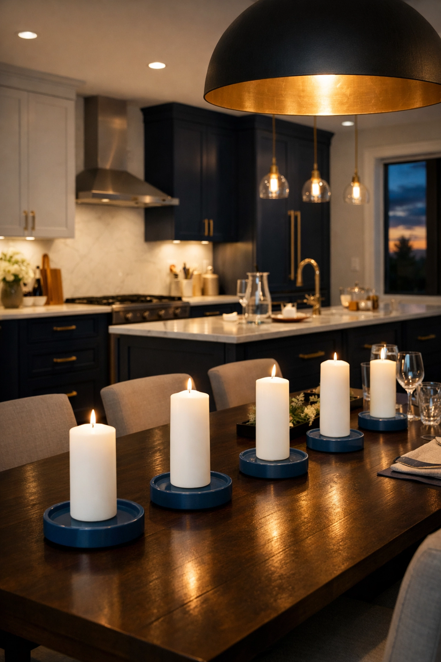 Modern dining room with unlit pillar candles on a wood table, showcasing home cleaning safety.