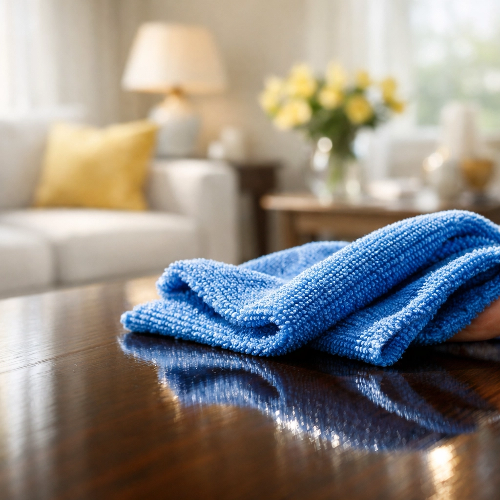 Close-up of a blue microfiber cloth wiping a polished wood table during a weekly house cleaning in Reading.