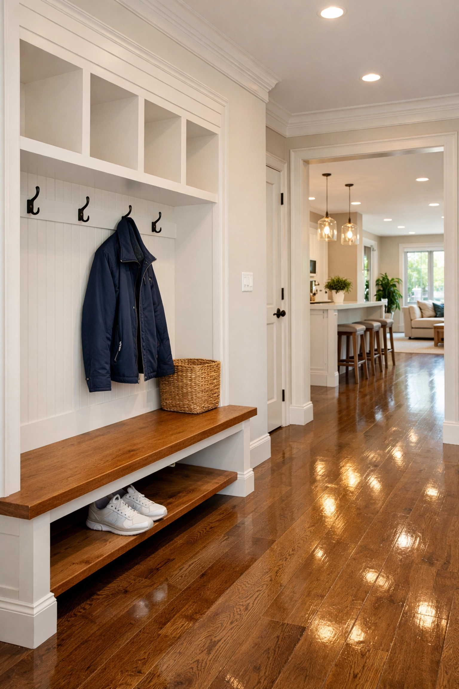 Organized mudroom with polished floors ready for house cleaning Dunstable MA.