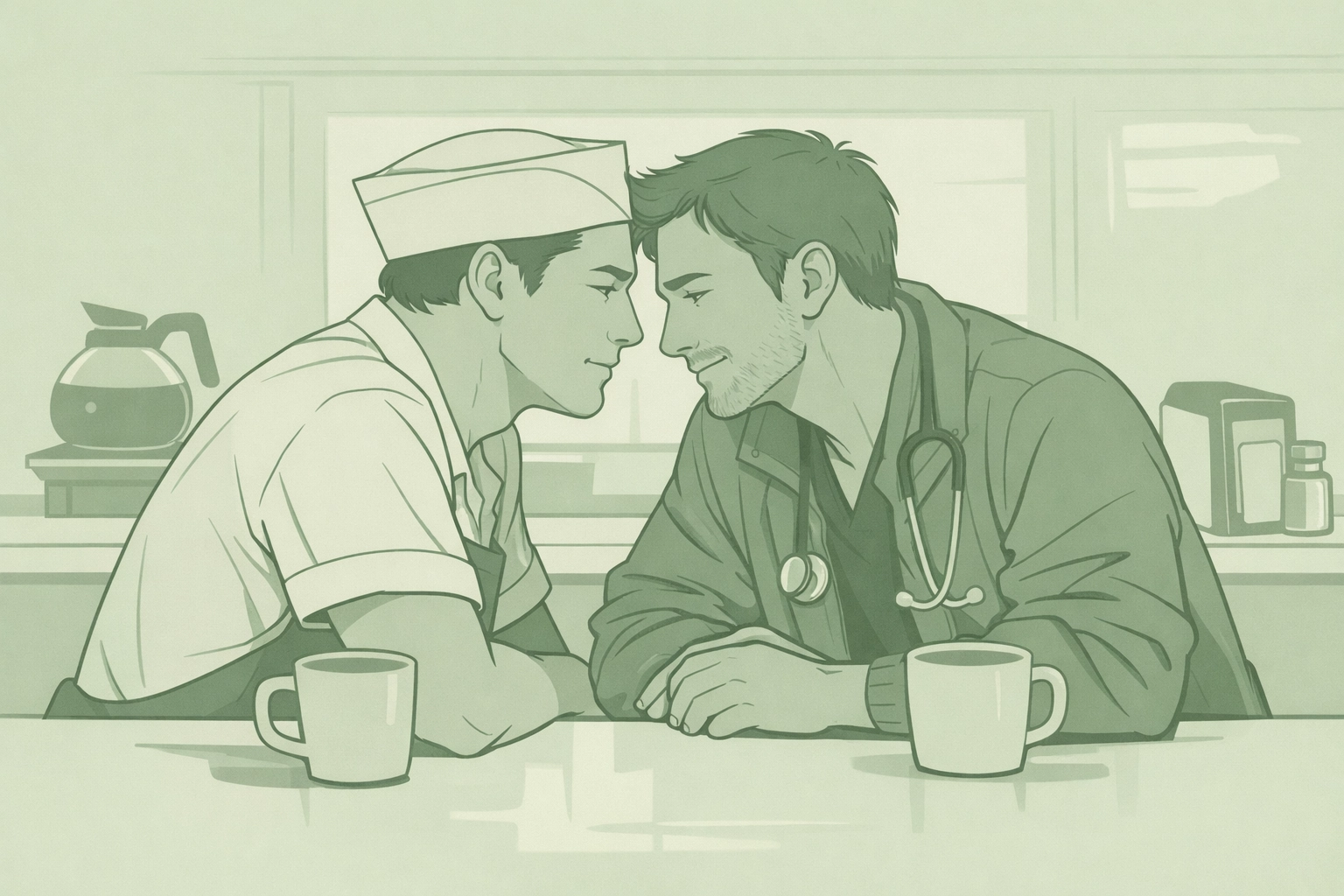 Cook and doctor face-to-face at dawn in emotional gay romance scene