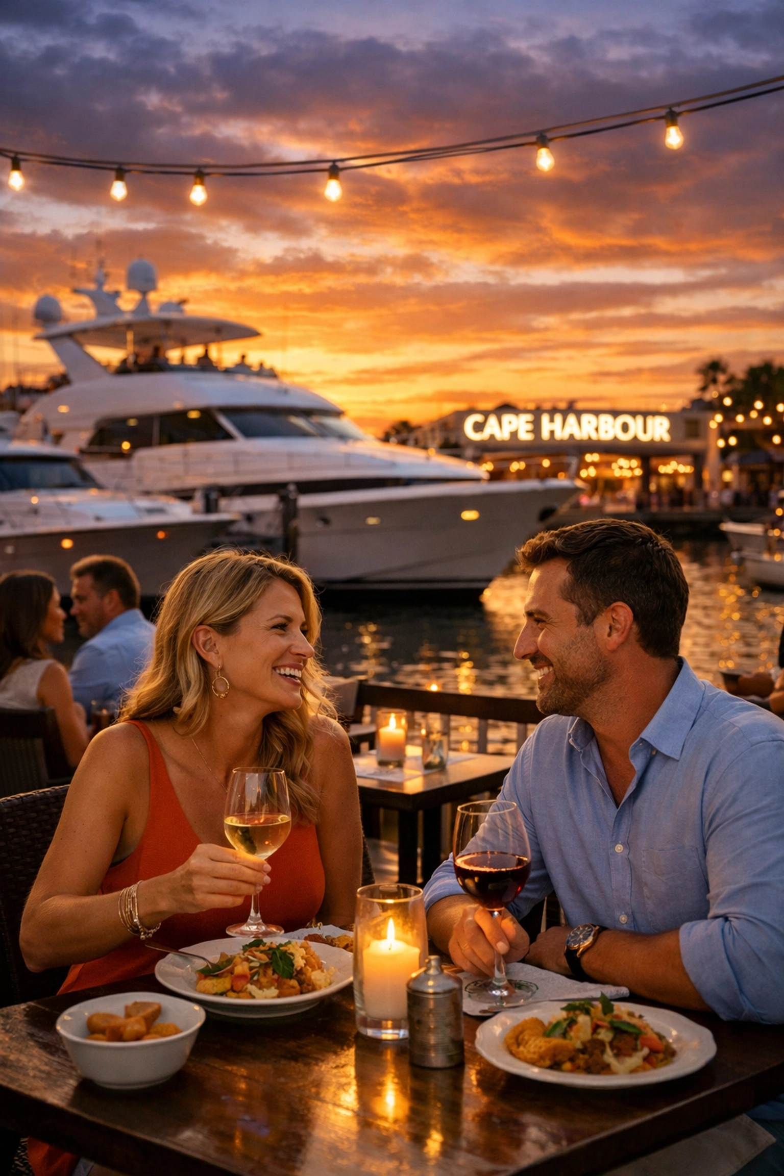 Couples enjoying waterfront dining and sunset views at Cape Harbour in Cape Coral.