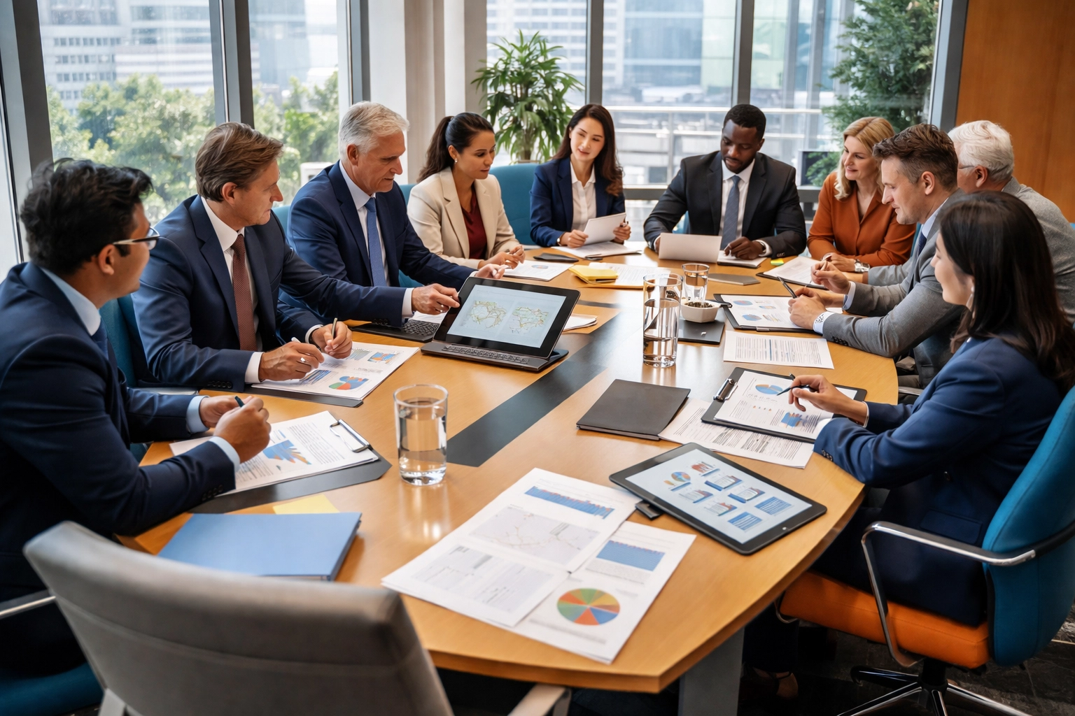 Diverse corporate and government leaders collaborate at a modern conference table, reviewing AI governance documents and digital maps.