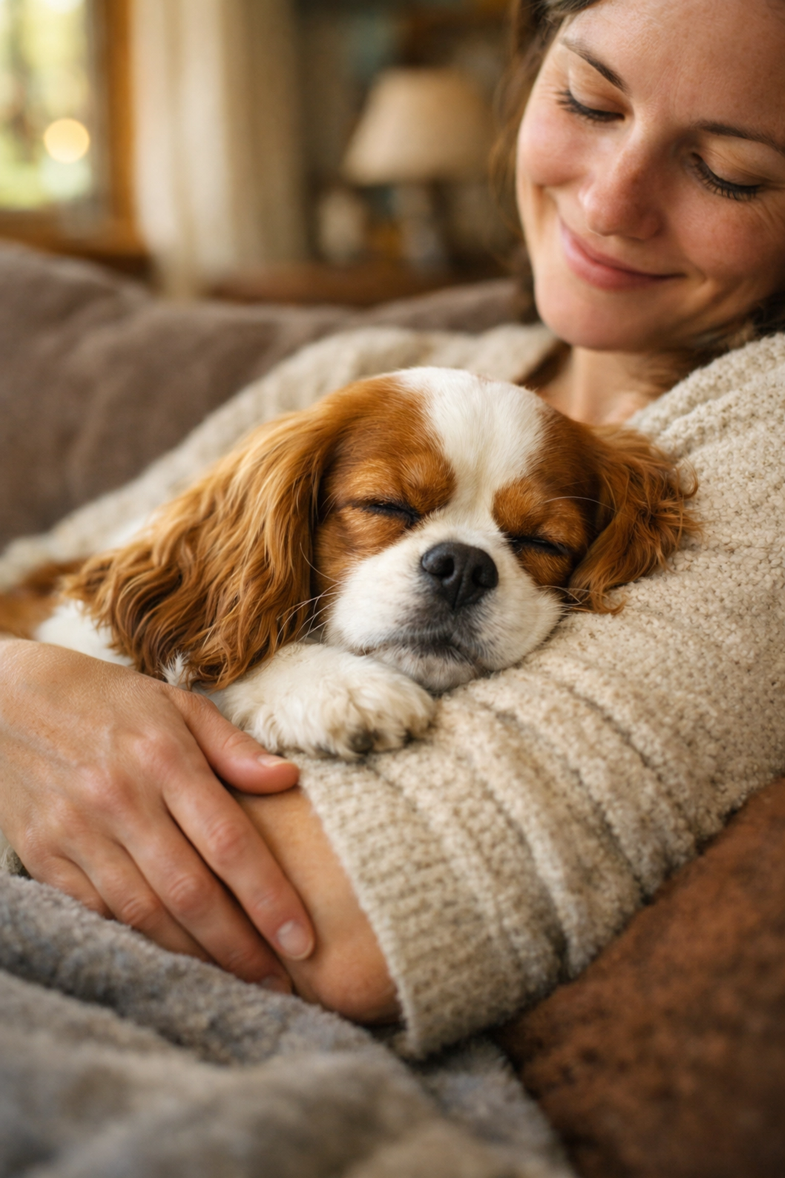 Blenheim Cavalier King Charles Spaniel providing emotional support in an Oregon home.