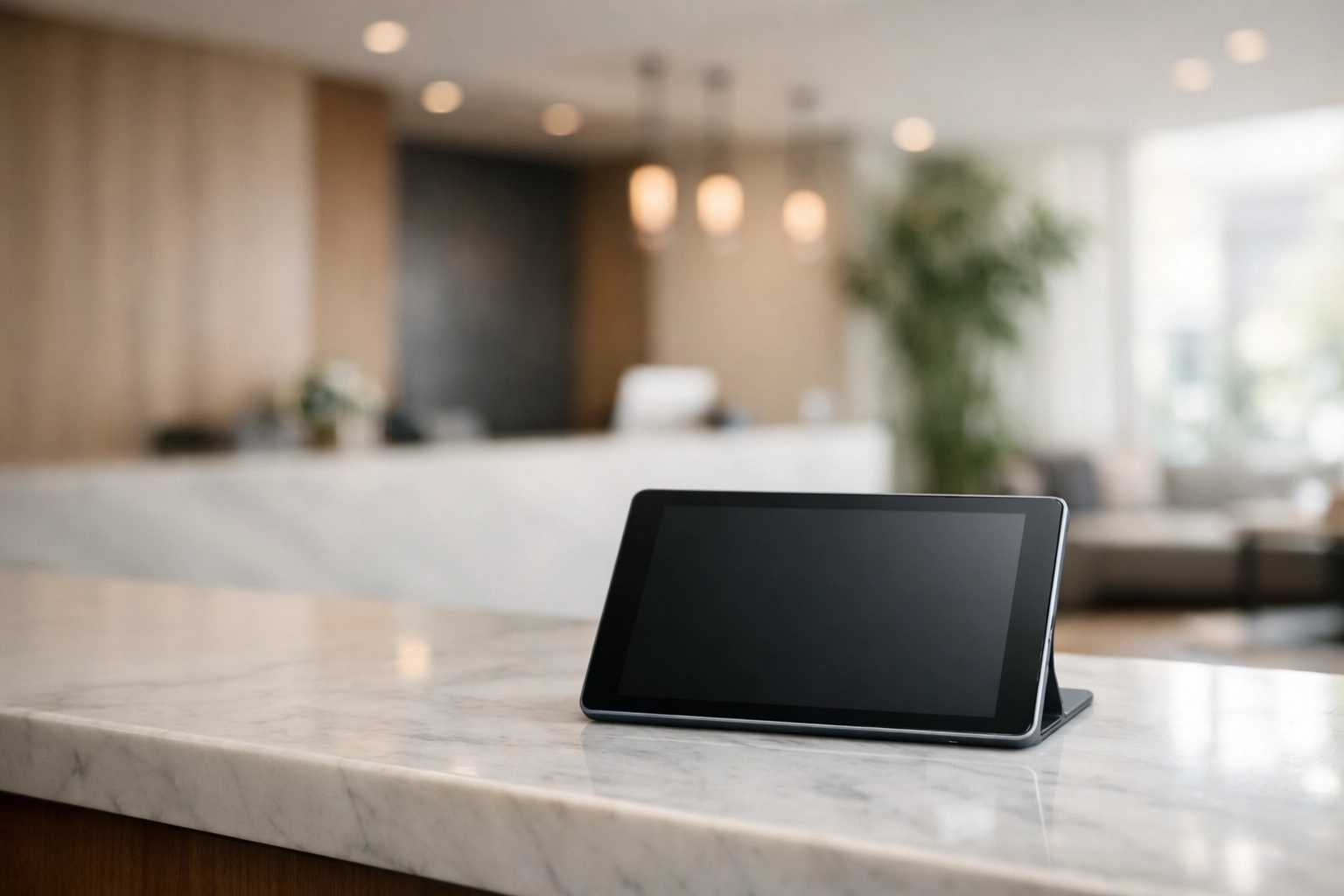 Modern hotel PMS on a tablet at a reception desk for real-time inventory synchronization.