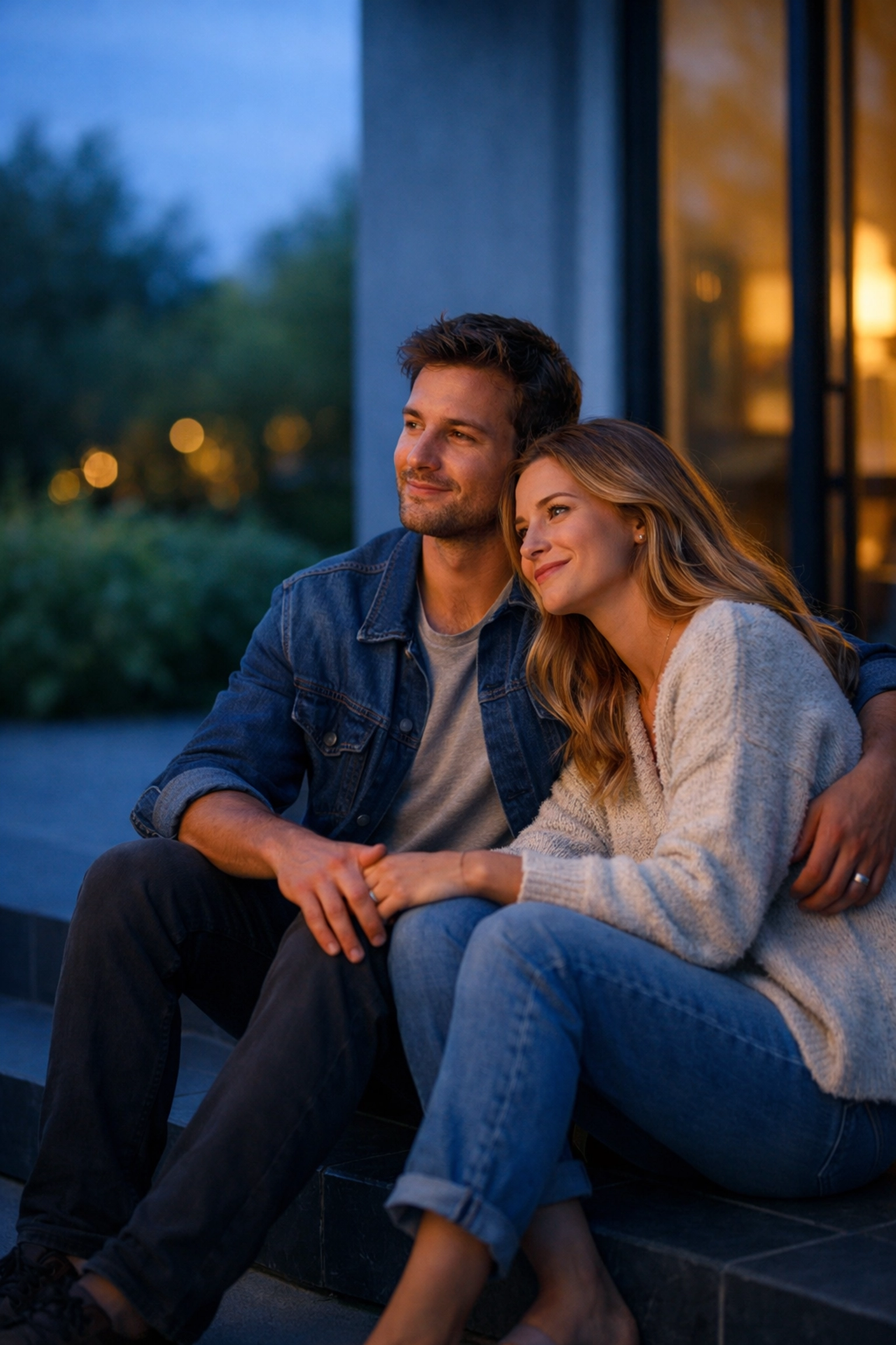 Young California couple sitting on their home steps, symbolizing financial security and life insurance peace of mind.