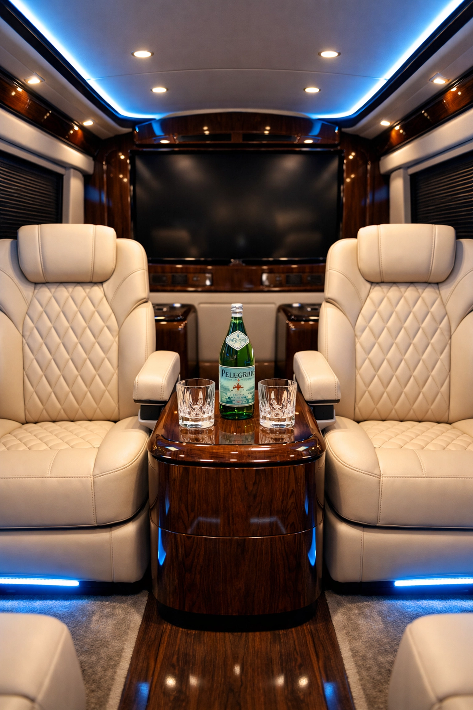 Interior of a luxury Sprinter van with leather seating and high-end amenities for executive corporate travel.