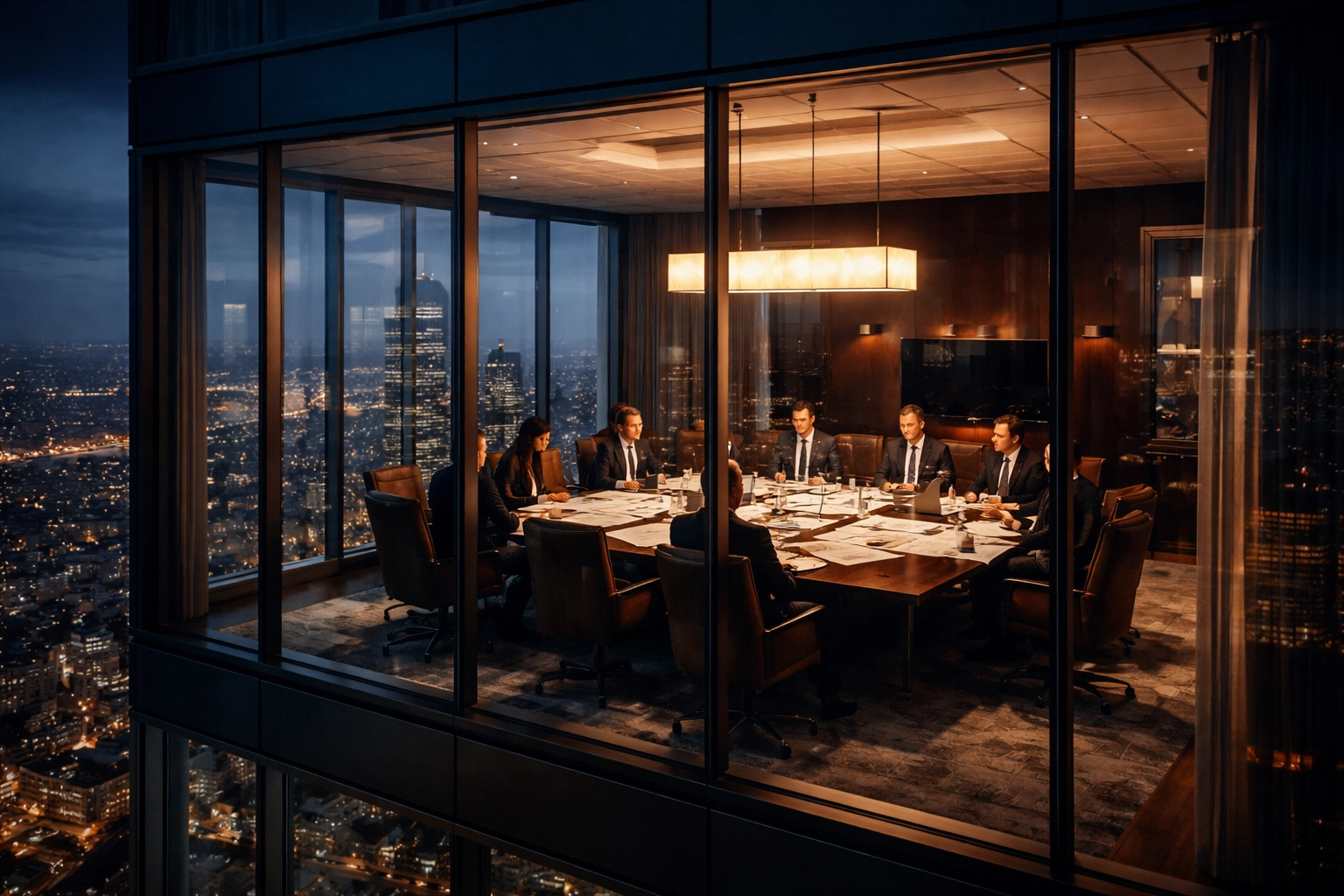 Modern boardroom representing private equity investment strategies for accredited investors, city skyline visible at dusk.