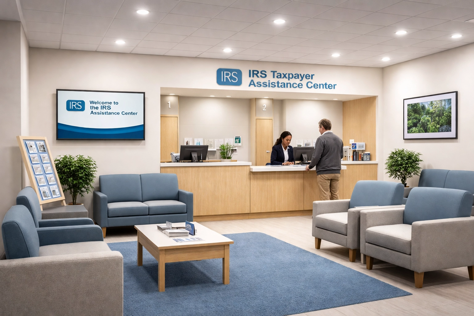 IRS Taxpayer Assistance Center with staff helping a taxpayer, illustrating IP PIN in-person verification options