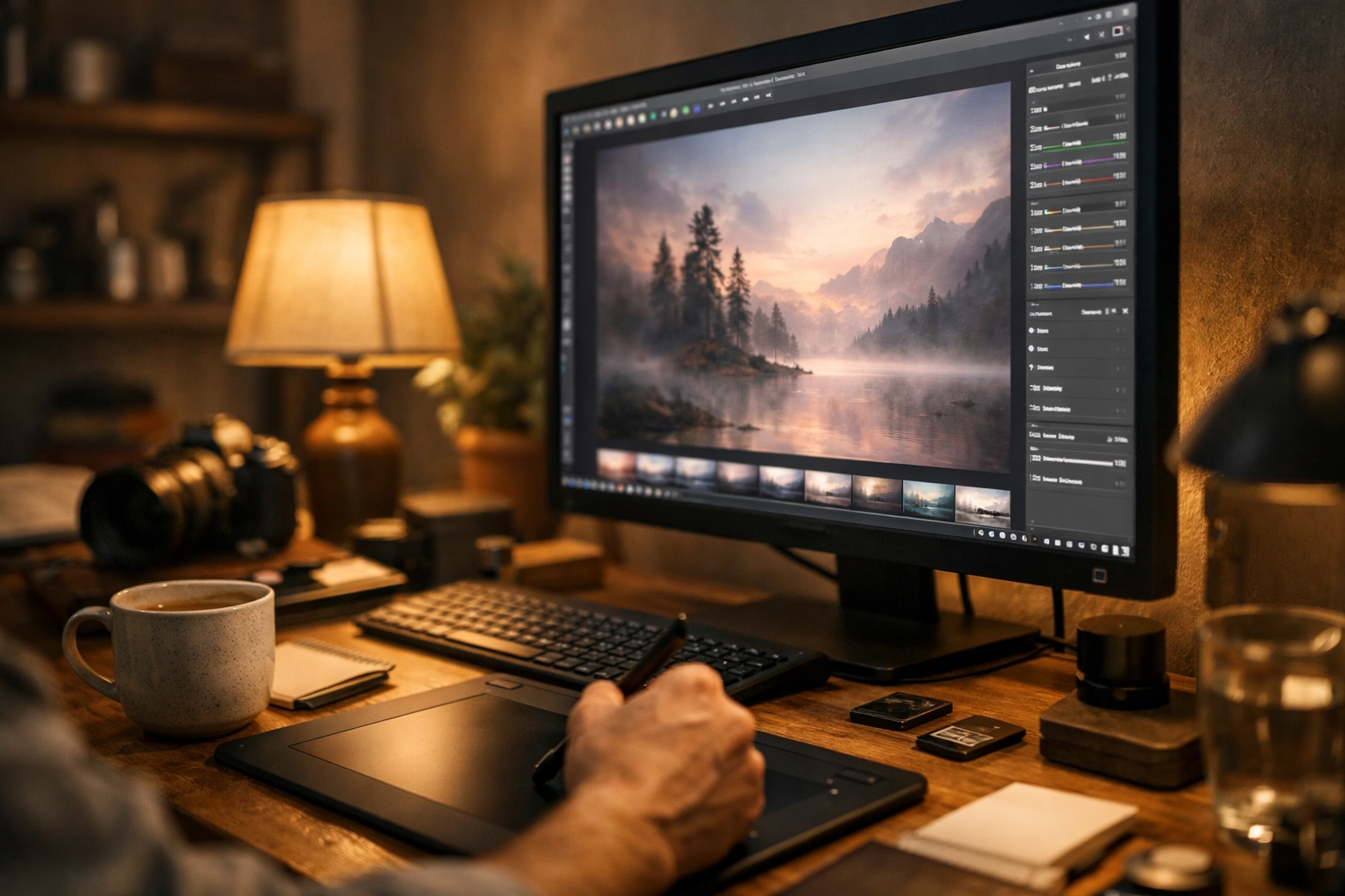 Photographer's editing workspace showing dreamy ethereal landscape on monitor during post-processing