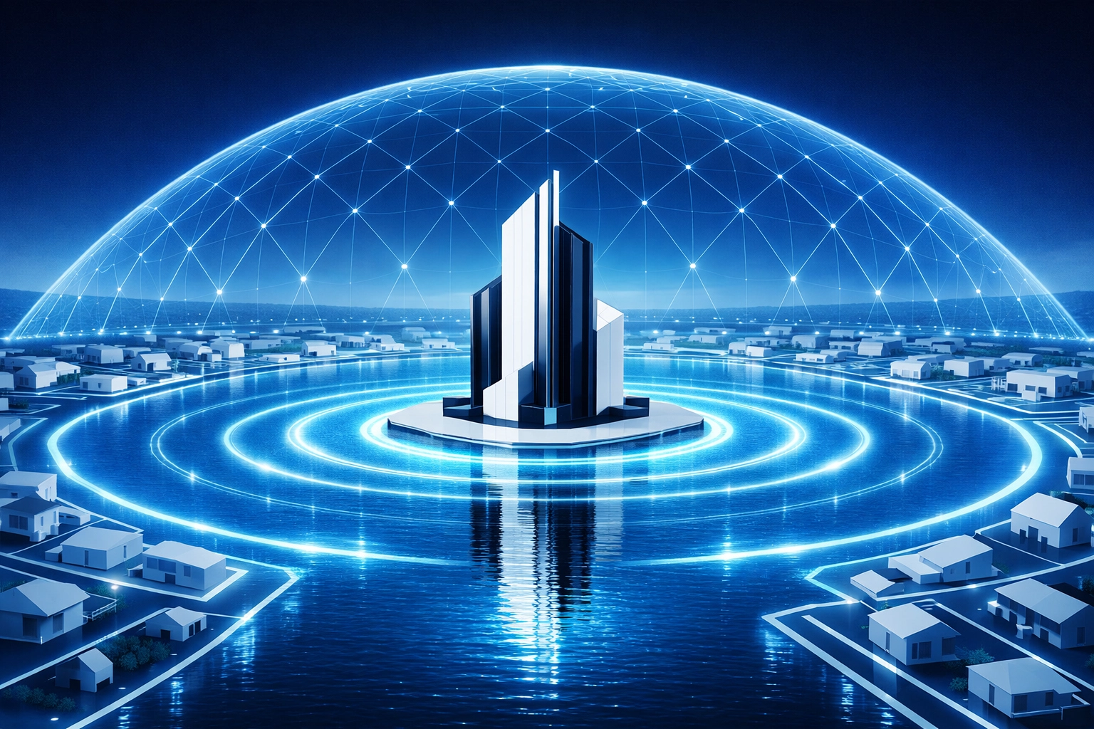 A protective digital moat over a neighborhood map signifying local business dominance and SEO governance.