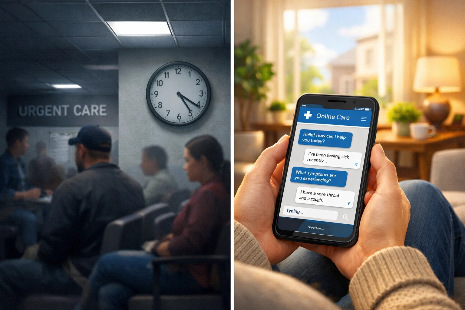 A split-screen view comparing a busy urgent care waiting room with a convenient online medical chat at home.
