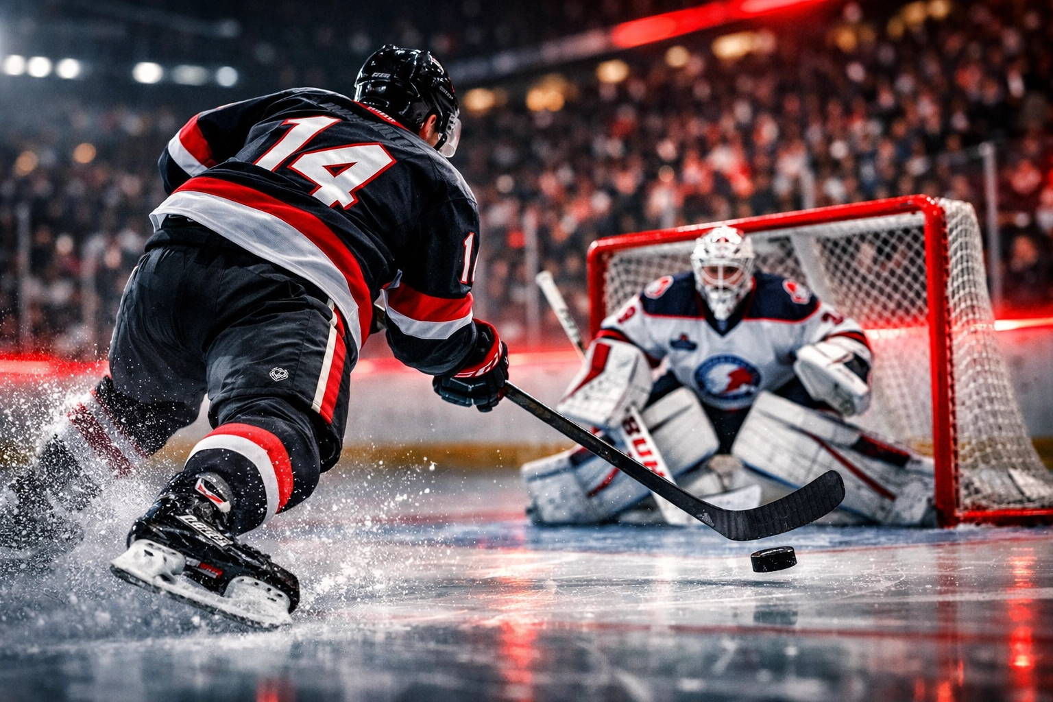 Laval Rocket player during shootout attempt in AHL hockey game