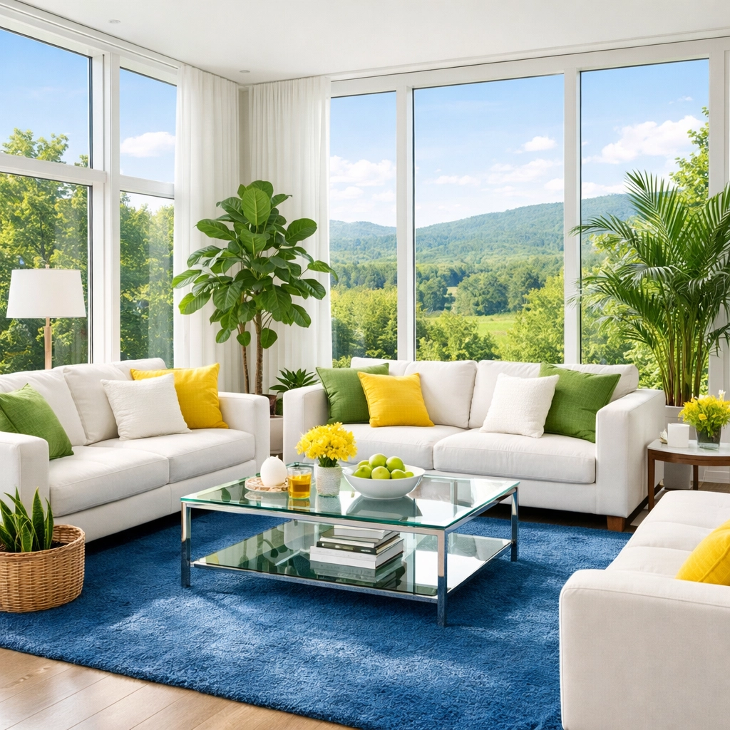 Luminous modern living room featuring fresh, eco-friendly residential cleaning Massachusetts for large estates.