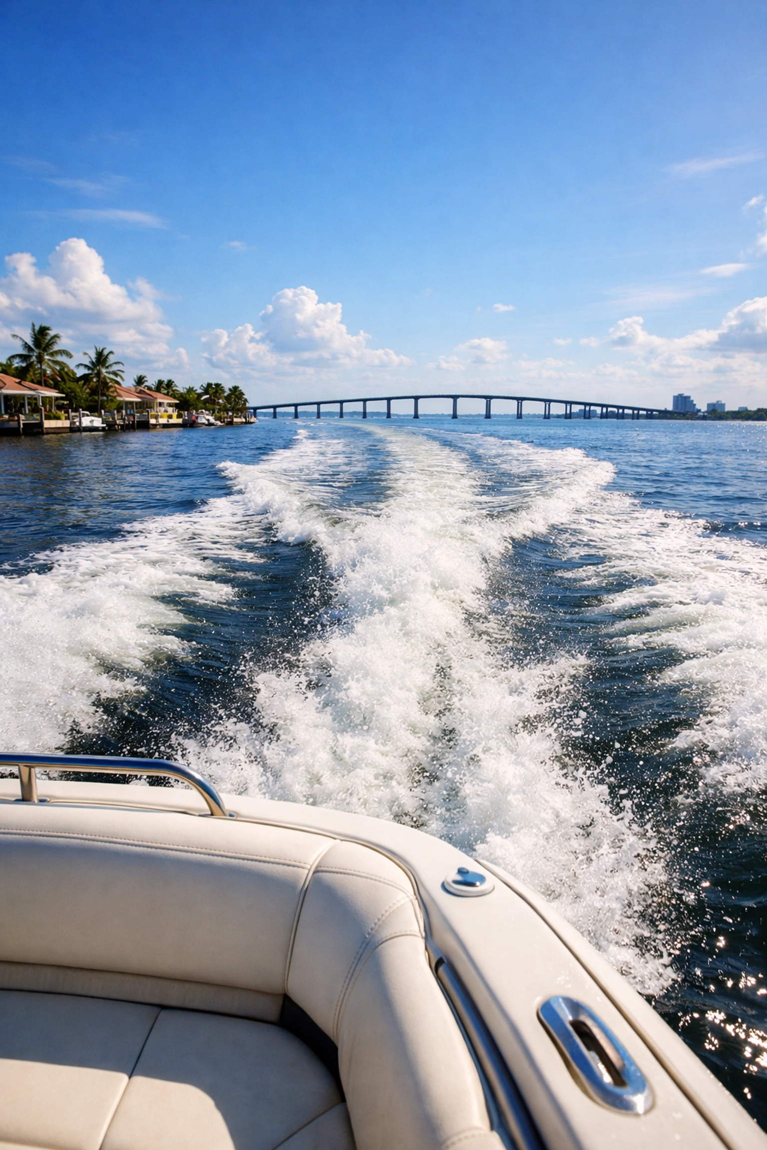 Boating on a Cape Coral waterway with a view of the bridge, highlighting the SWFL waterfront lifestyle.