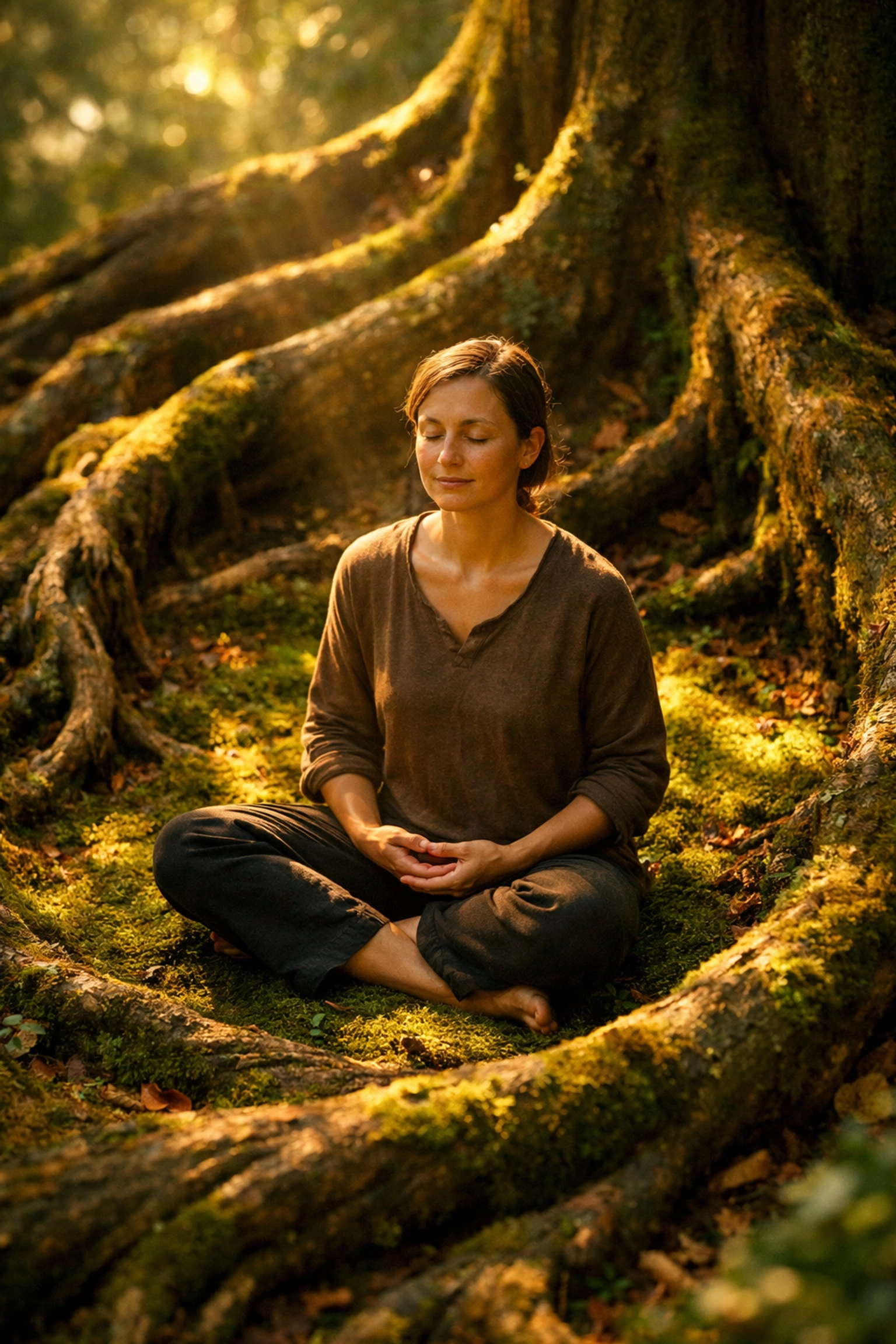 Person meditating in forest practicing core shamanism surrounded by ancient tree roots Person meditating in forest practicing core shamanism surrounded by ancient tree roots