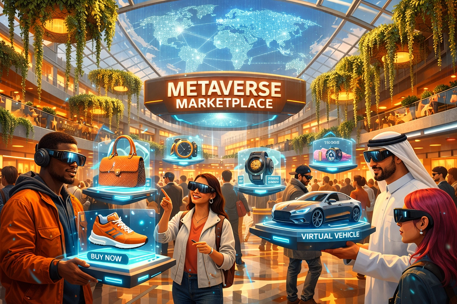 Global metaverse marketplace showing AR shopping integration with Larecoin AI-driven commerce tools.