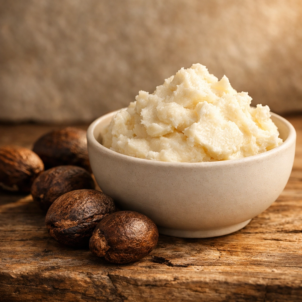 Raw shea nuts and creamy unrefined shea butter for wholesale cosmetic and food applications.