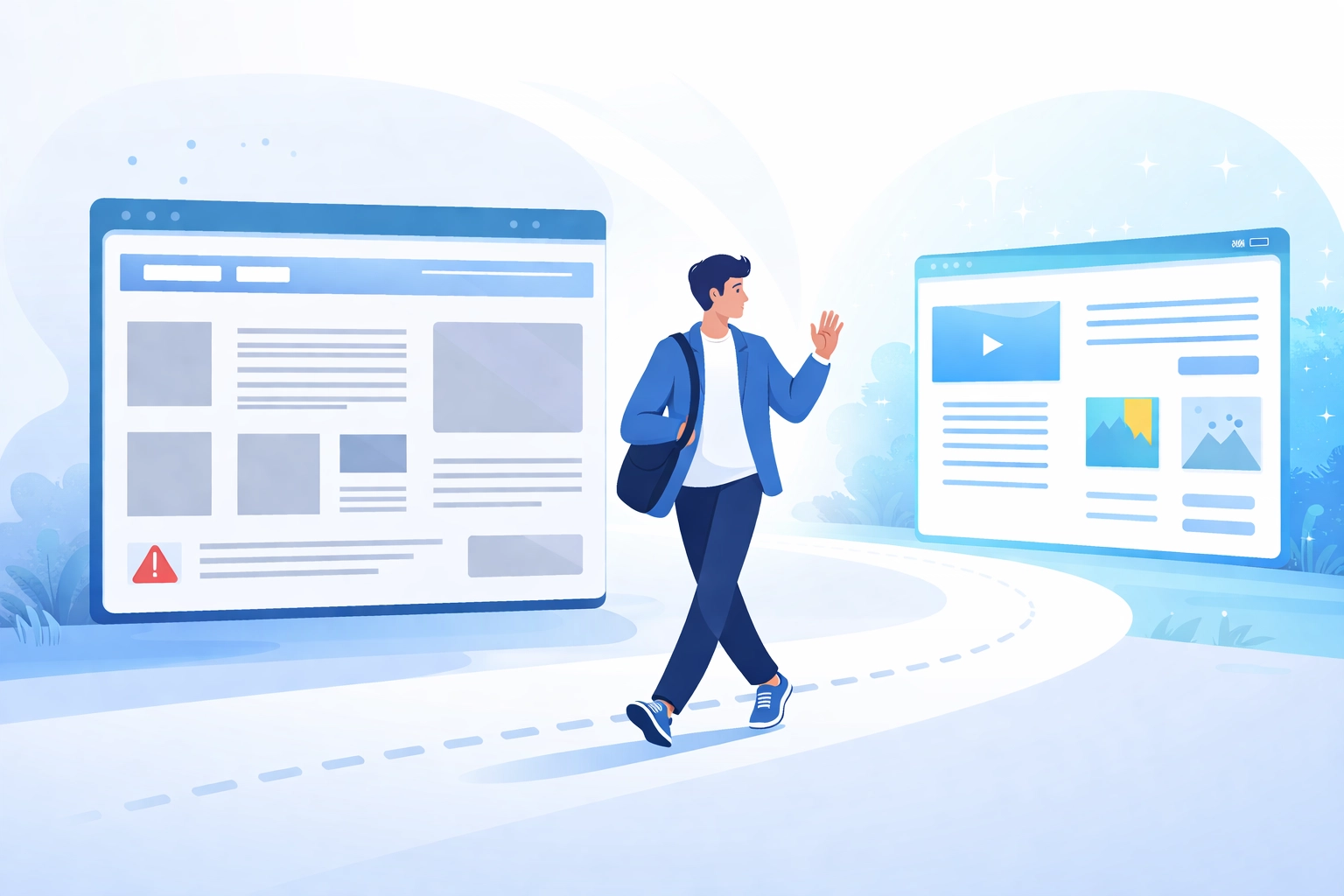 Person walking away from an unprofessional website toward a polished, modern web design, illustrating need for quality web design