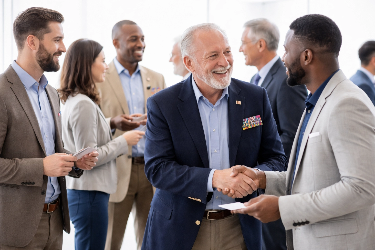Diverse veterans networking at a professional event, connecting across generations for career growth.