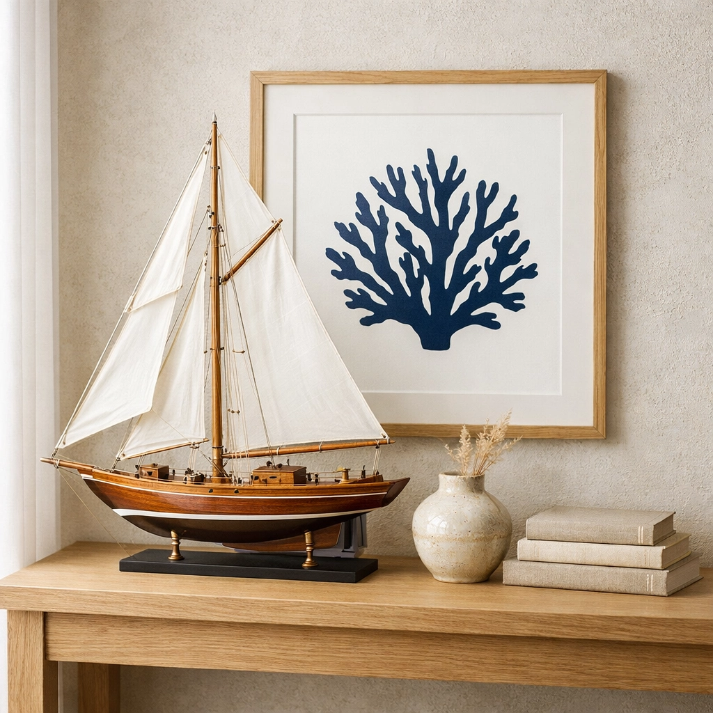 Elegant home staging featuring a model sailboat and nautical wall art to enhance luxury property listings.